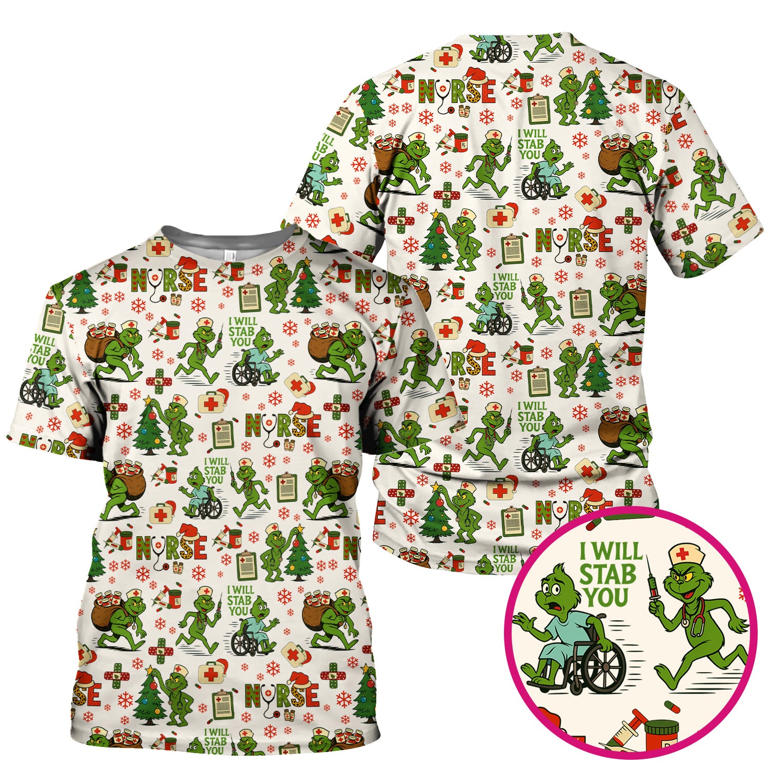 Funny Grinch Nurse Scrub Top for Women - Christmas Scrub Shirt with I Will Stab You Quote - Cute Holiday Nursing Work Shirt with Pockets
