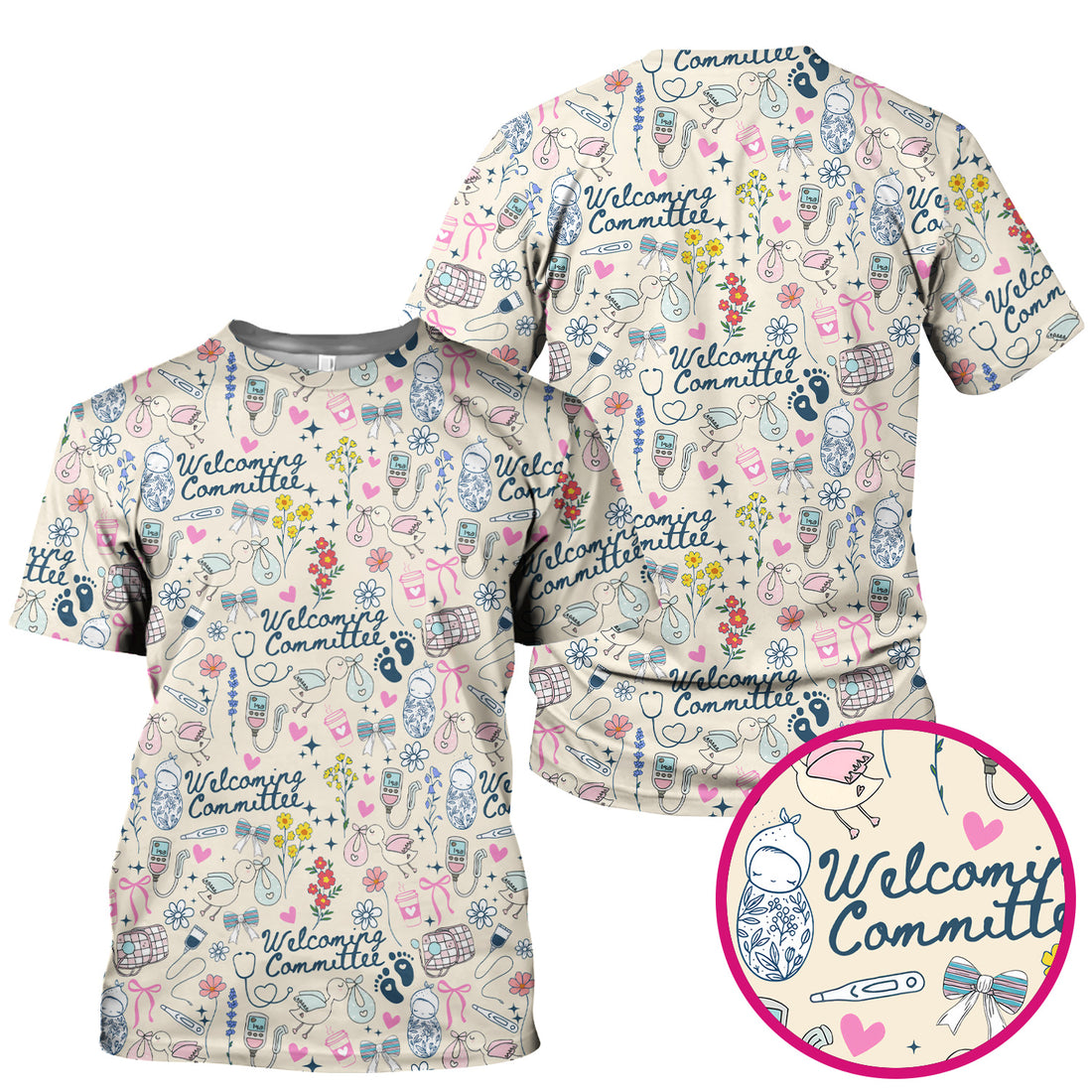 Funny NICU Nurse Tee - Cute Baby Feet & Floral Stork Pattern Graphic - Gift for Women RN LPN