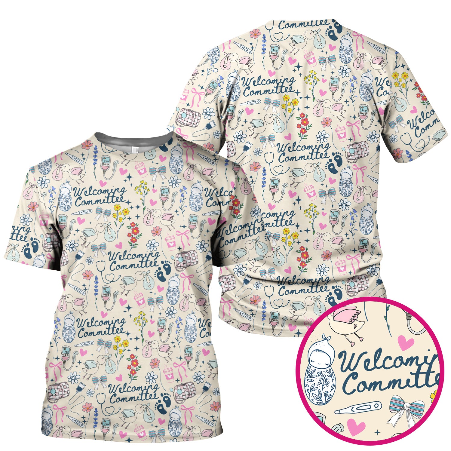 Funny NICU Nurse Tee - Cute Baby Feet & Floral Stork Pattern Graphic - Gift for Women RN LPN