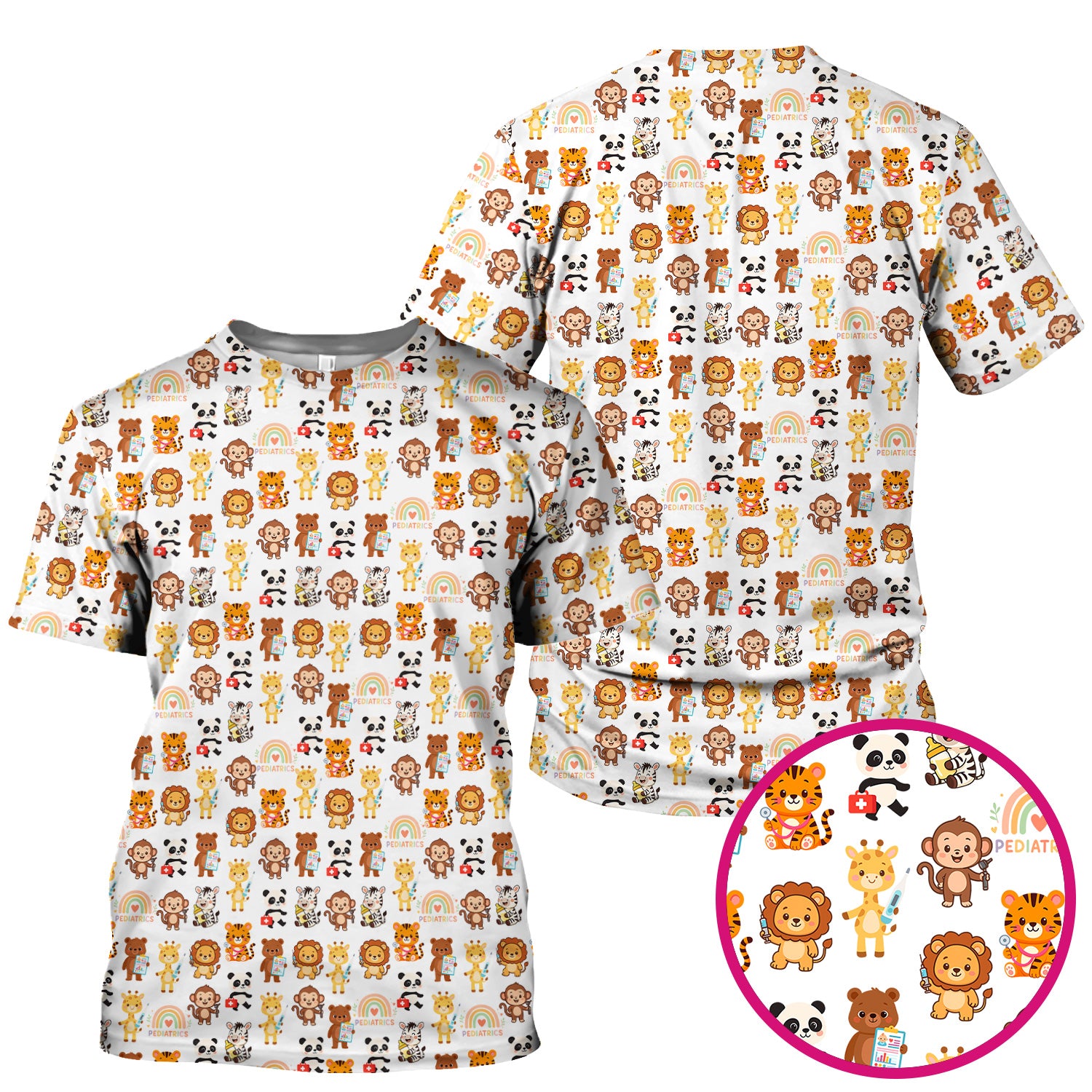 Funny Animal Nurse Scrub - Cute Zoo & Safari Animals Pattern Design - Gift for PEDS RN LPN