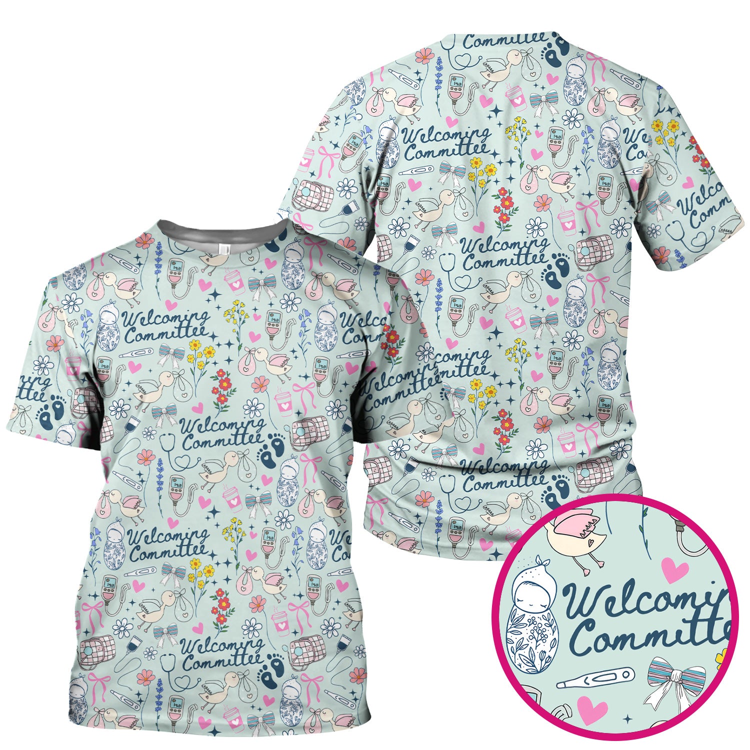 Funny NICU Nurse Tee - Cute Baby Feet & Floral Stork Pattern Graphic - Gift for Women RN LPN