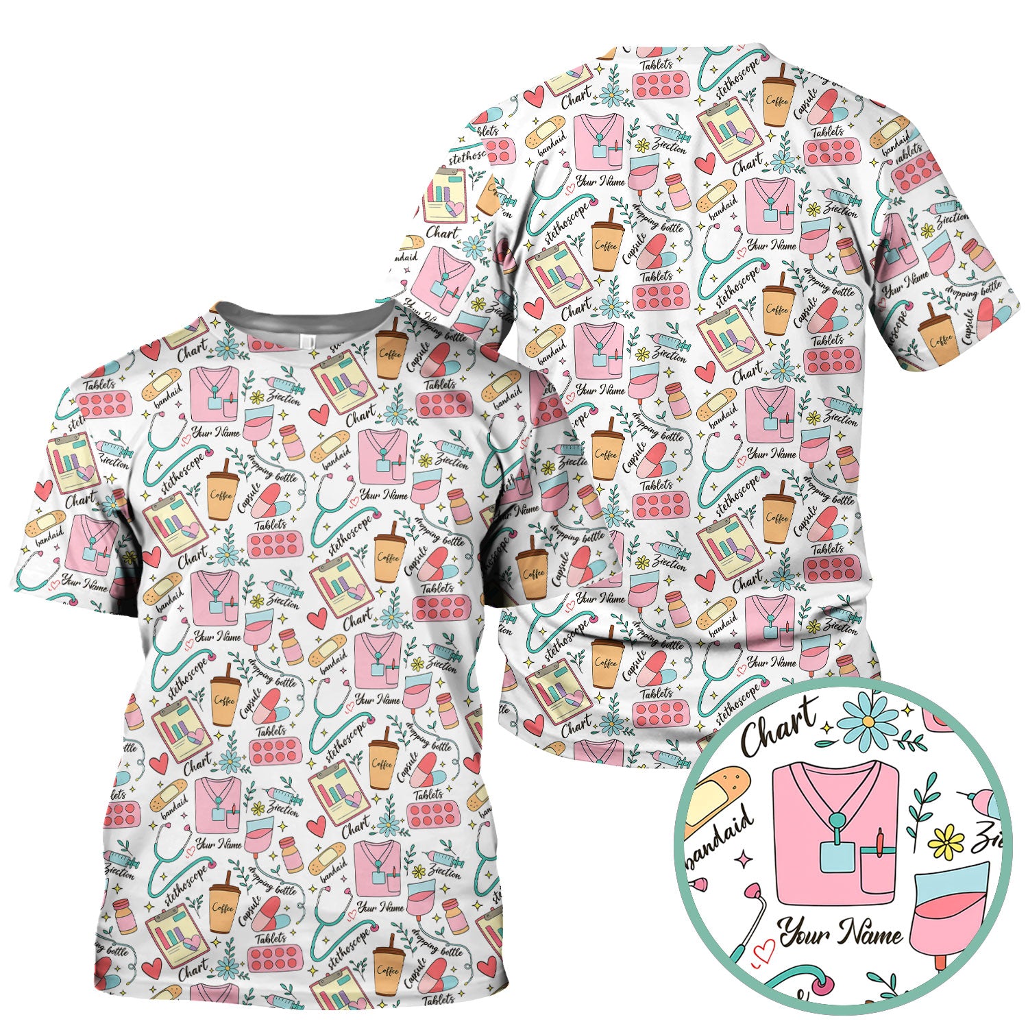 Cute Nurse Scrub - Colorful Medical Uniform Shirt with Coffee, Stethoscope & Pills - Fun RN LPN CNA Nursing Gift for Women