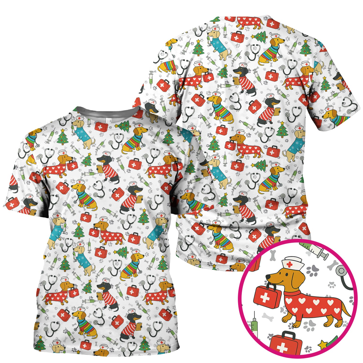 Funny Dachshund Scrub Shirt - Christmas Dog Print Scrubs Multi Color - Holiday Nurse Scrub Top Gift for Women, Men, CNA, RN, Medical Staff