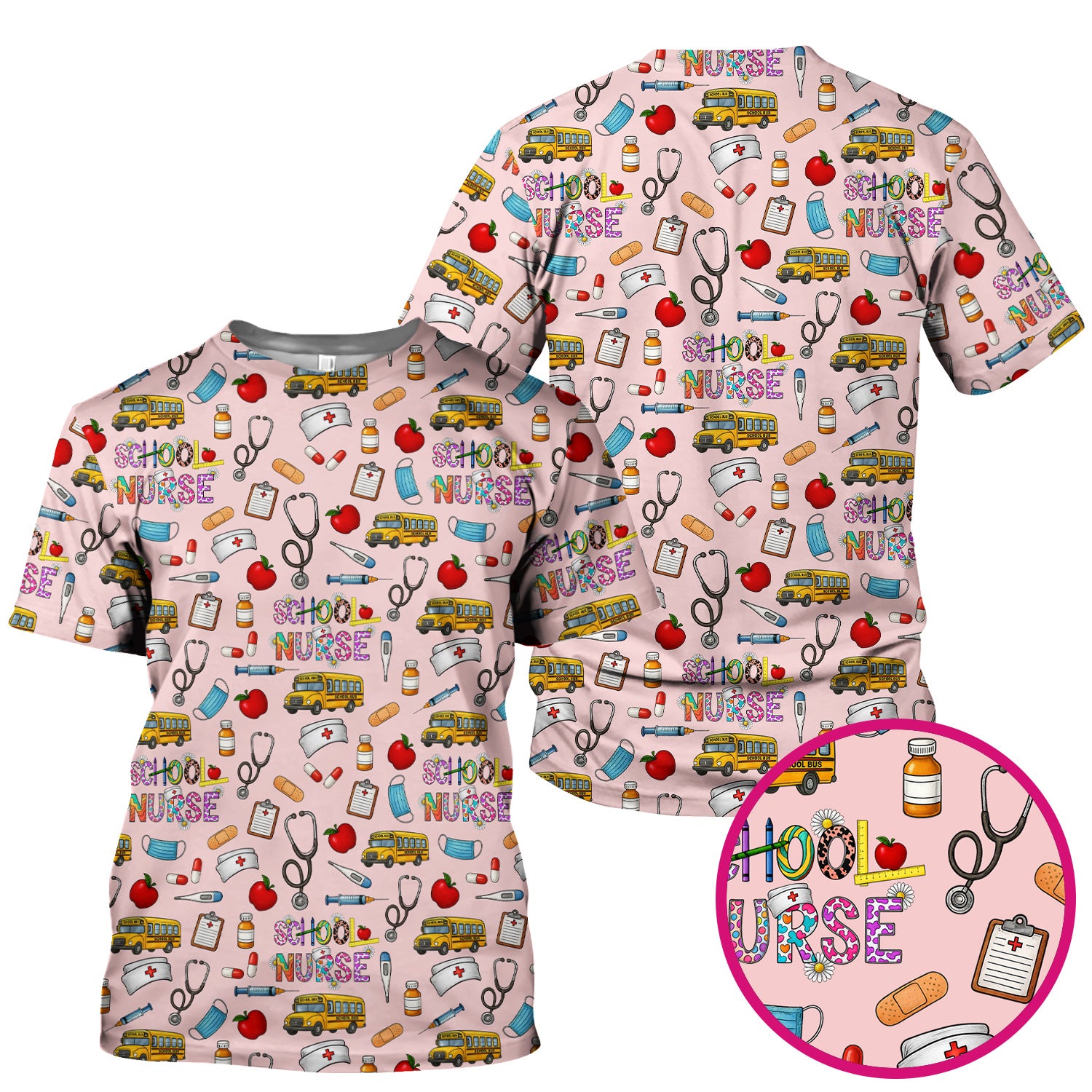 Cute School Nurse Scrub Top - Funny School Bus & Stethoscope Pattern Design - Gift for Women RN LPN