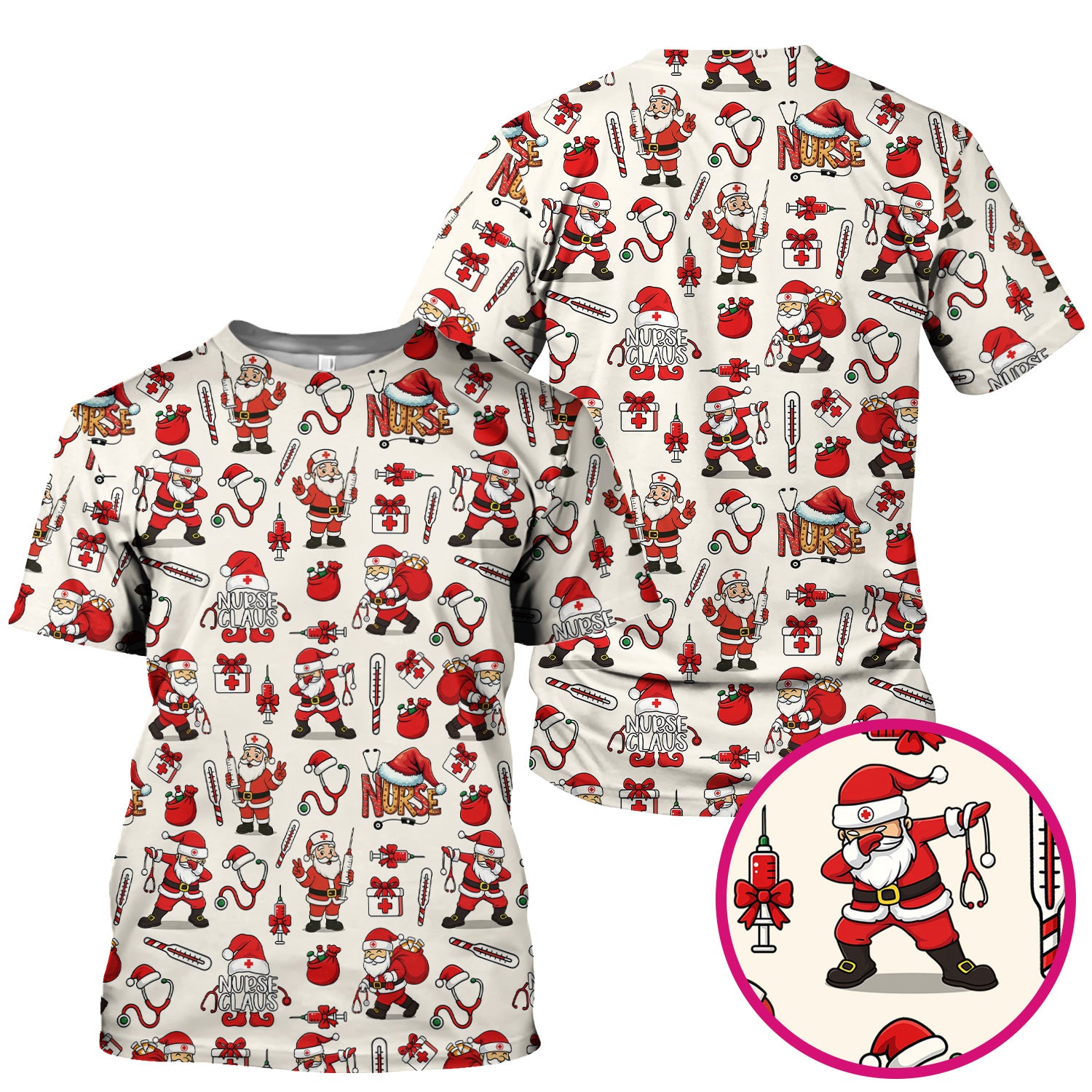 Christmas Nurse Scrub Top Multi Color - Funny Nurse Claus Santa Scrub Shirt - Cute Holiday Nursing Work Shirt with Pockets