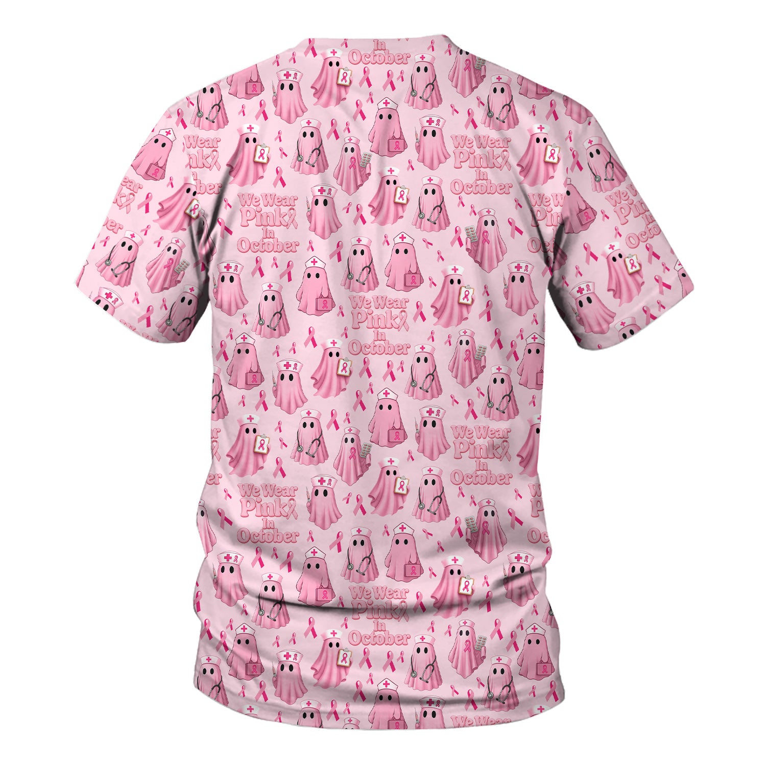 Funny Breast Cancer Awareness Scrub Top - We Wear Pink In October & Ghost Nurse Design - Gift for RN LPN CNA