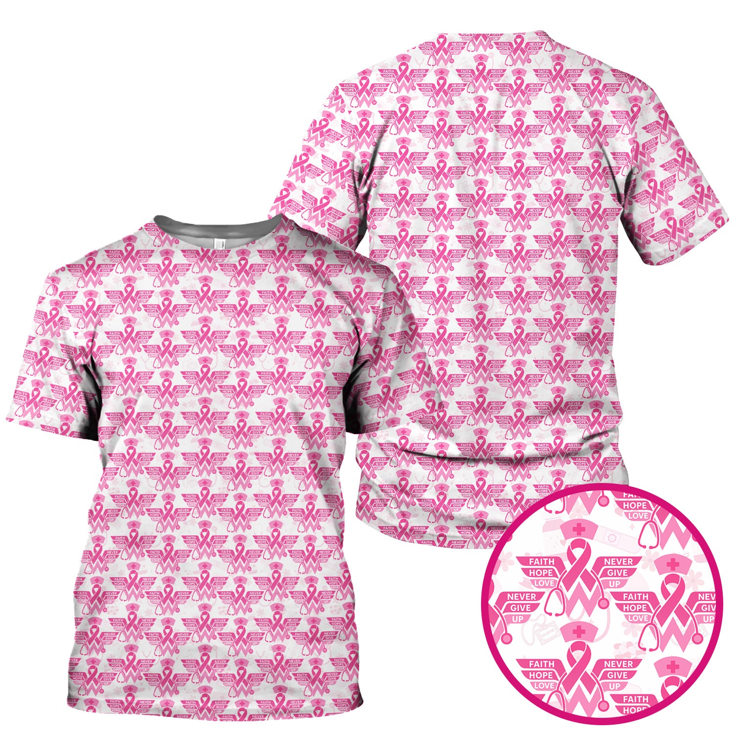 Breast Cancer Awareness Scrub Top - Pink Ribbon Nurse Shirt Multi Color - Faith Hope Love Nursing Workwear with Pockets