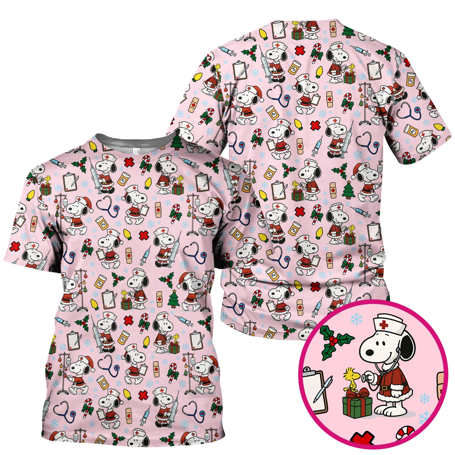 Custom Christmas Scrub Top for Nurses - Snoopy Holiday Scrub Shirt Multi Color - Cute Funny Nursing Workwear with Pockets