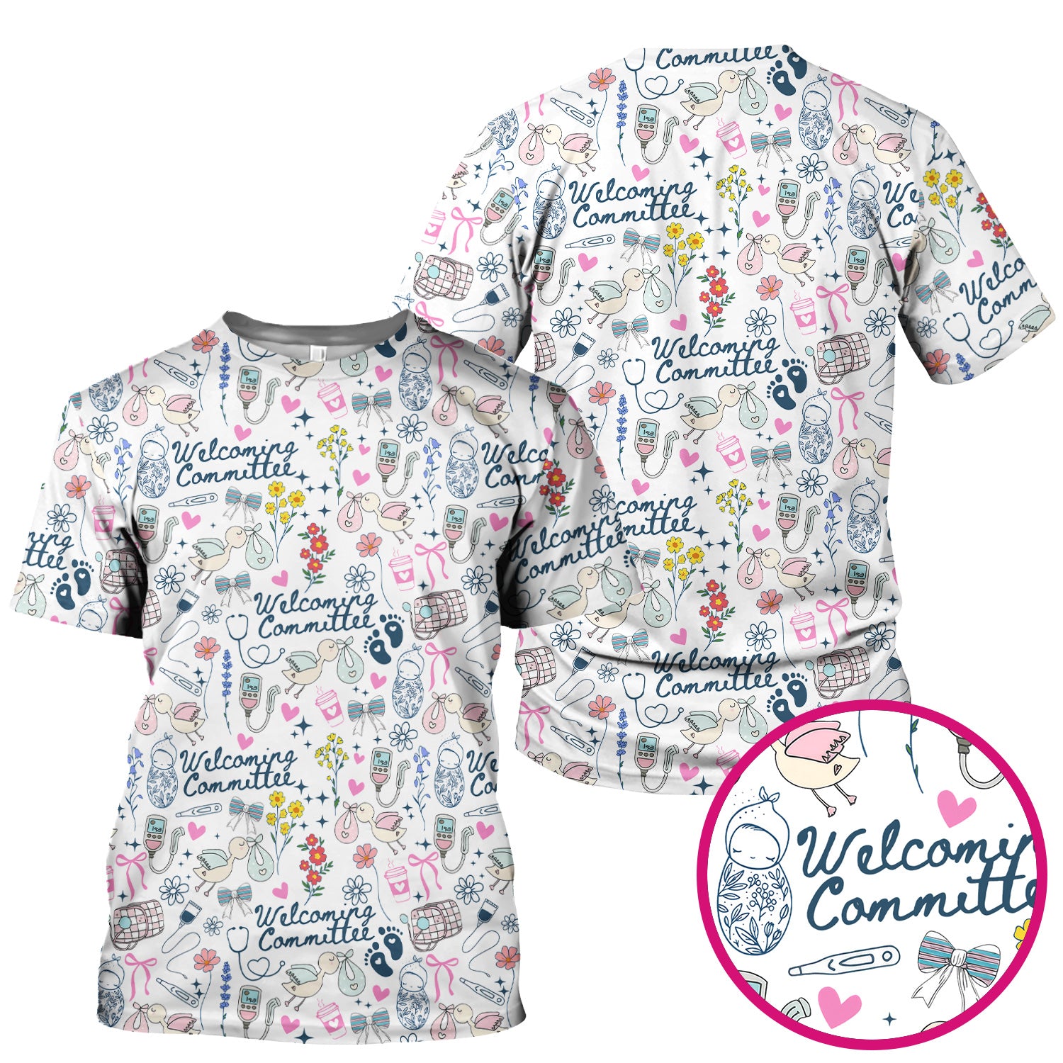 Funny NICU Nurse Tee - Cute Baby Feet & Floral Stork Pattern Graphic - Gift for Women RN LPN