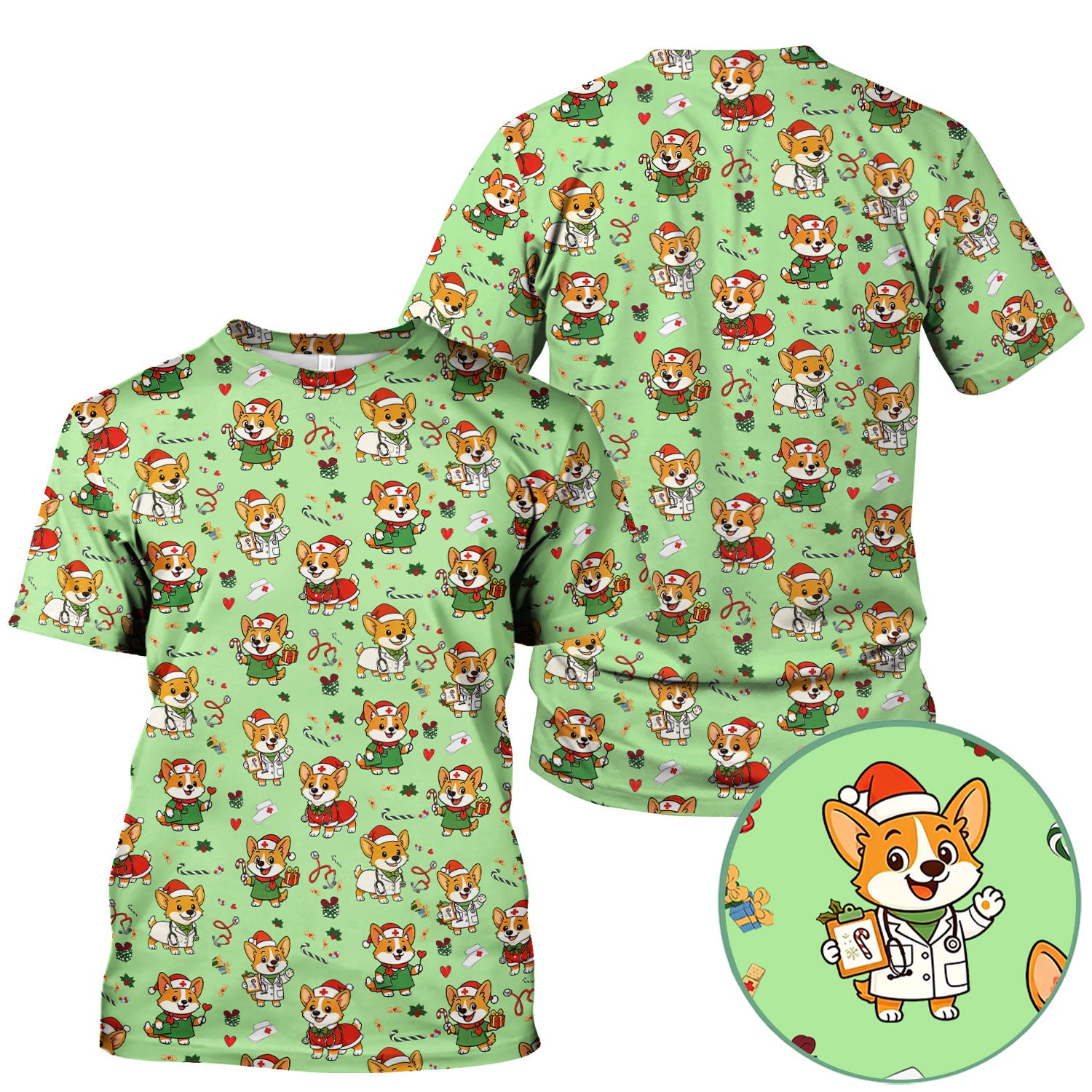 Festive Corgi Christmas Scrub Top - Cute Pet Nurse Shirt - Funny Holiday Medical Uniform for Women RN CNA LPN Gift