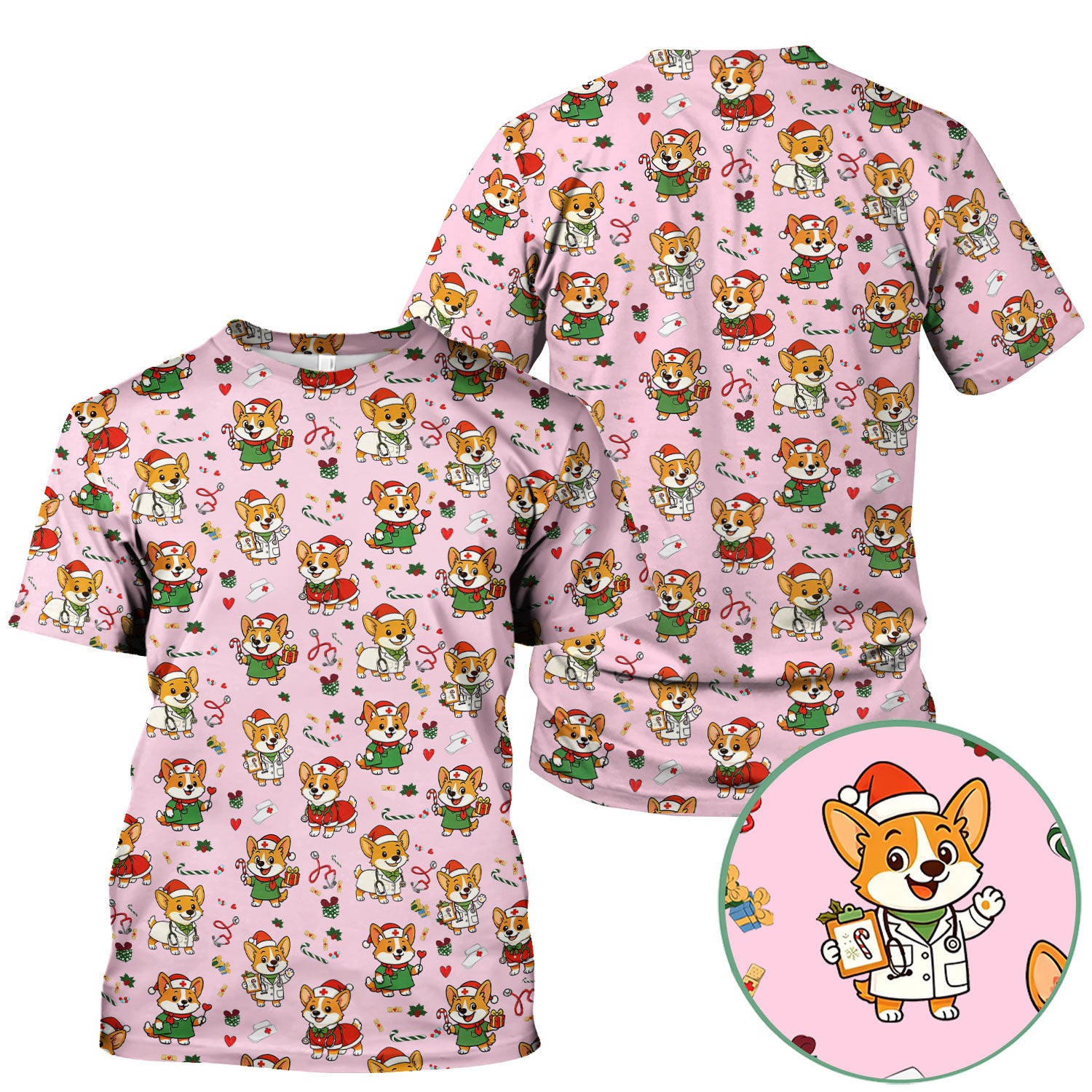 Christmas Corgi Nurse Scrub Top - Cute Dog Holiday Medical Uniform for Women - Funny RN CNA LPN Nursing Shirt Gift