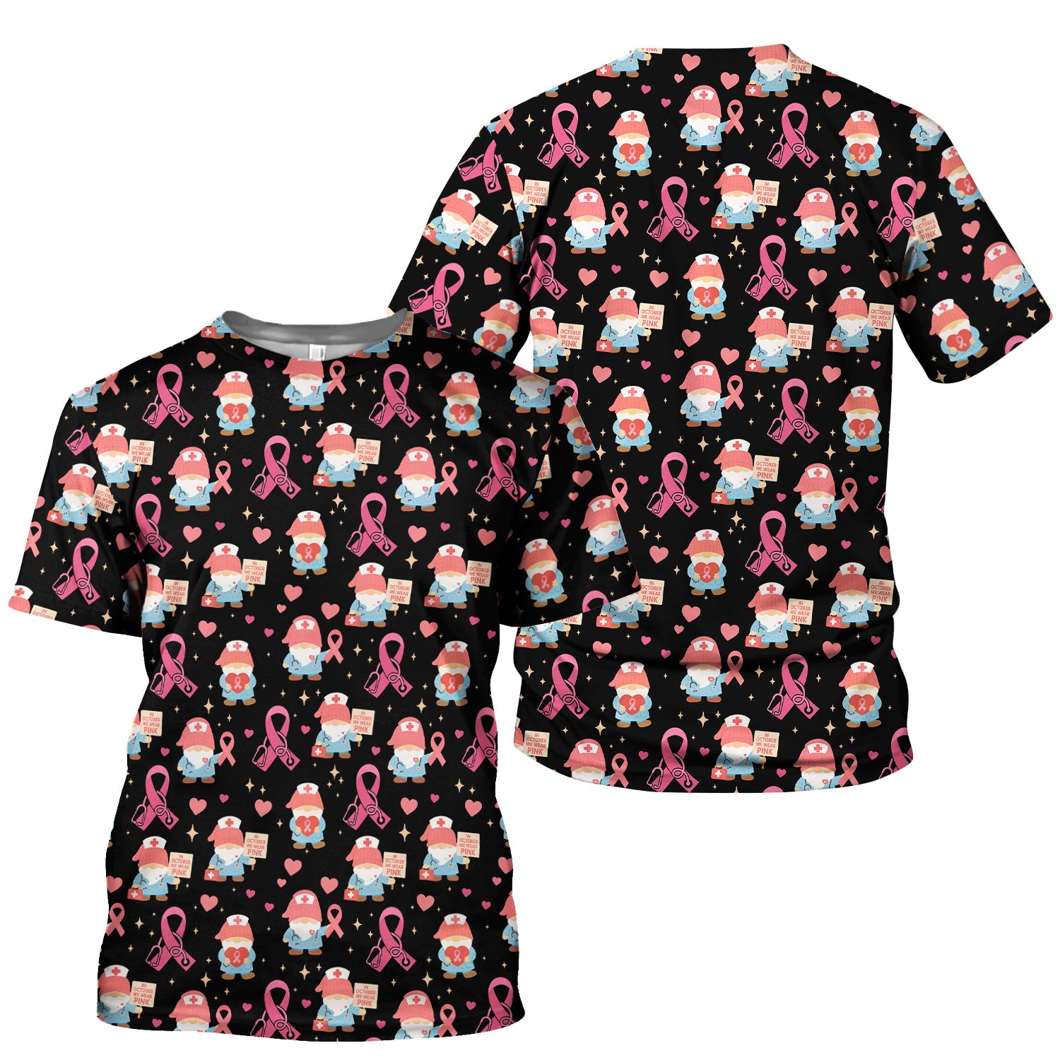 Breast Cancer Awareness Nurse Scrub - Pink Ribbon Nursing Top with Gnome - Gift for Healthcare Workers RN LPN
