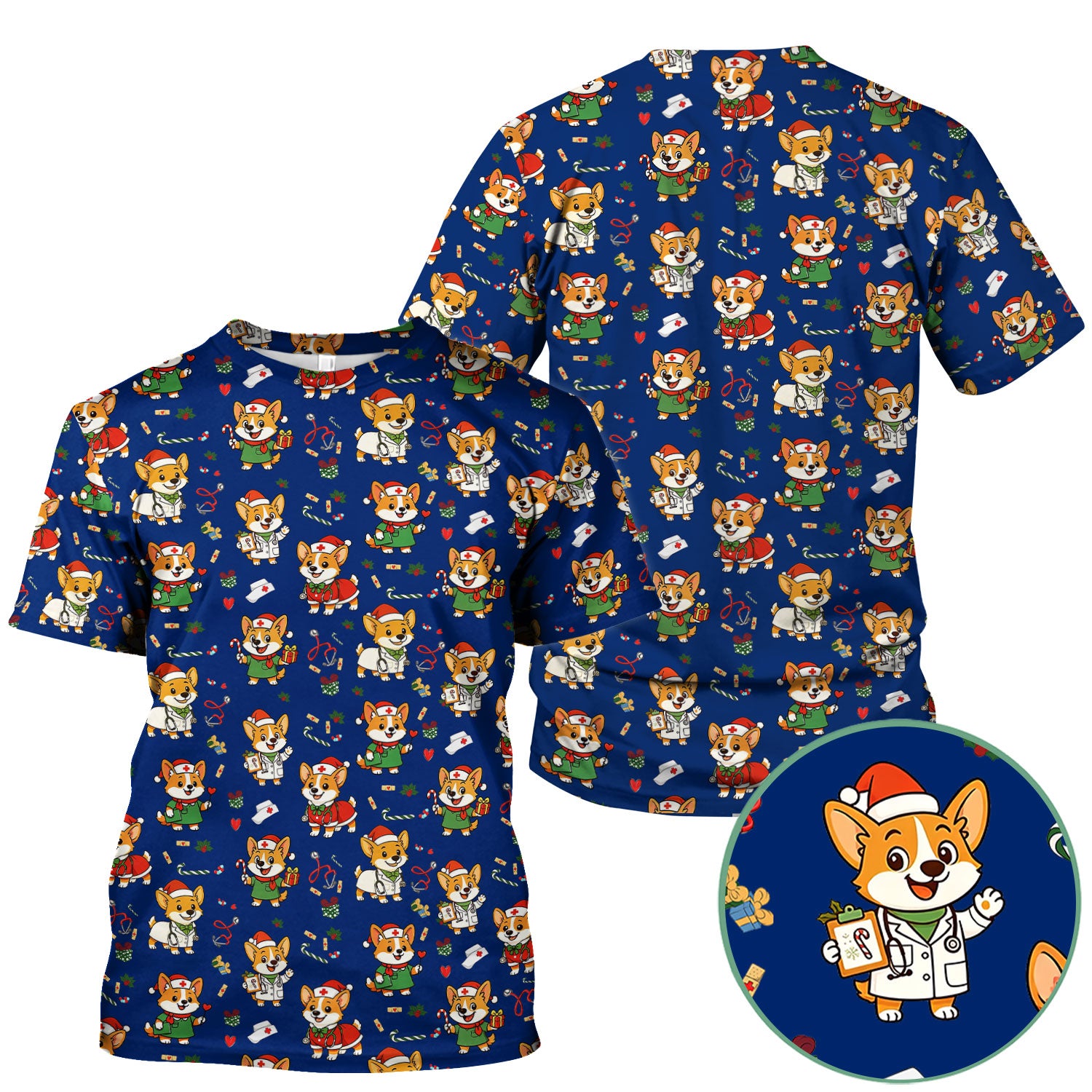 Festive Corgi Christmas Scrub Top - Cute Pet Nurse Shirt - Funny Holiday Medical Uniform for Women RN CNA LPN Gift