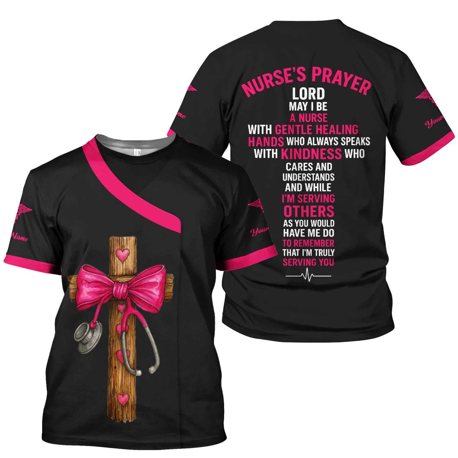 Personalized Nurse Prayer Quote Scrub Top - Custom Cross & Stethoscope Design - RN LPN CNA Healthcare Workers Gift