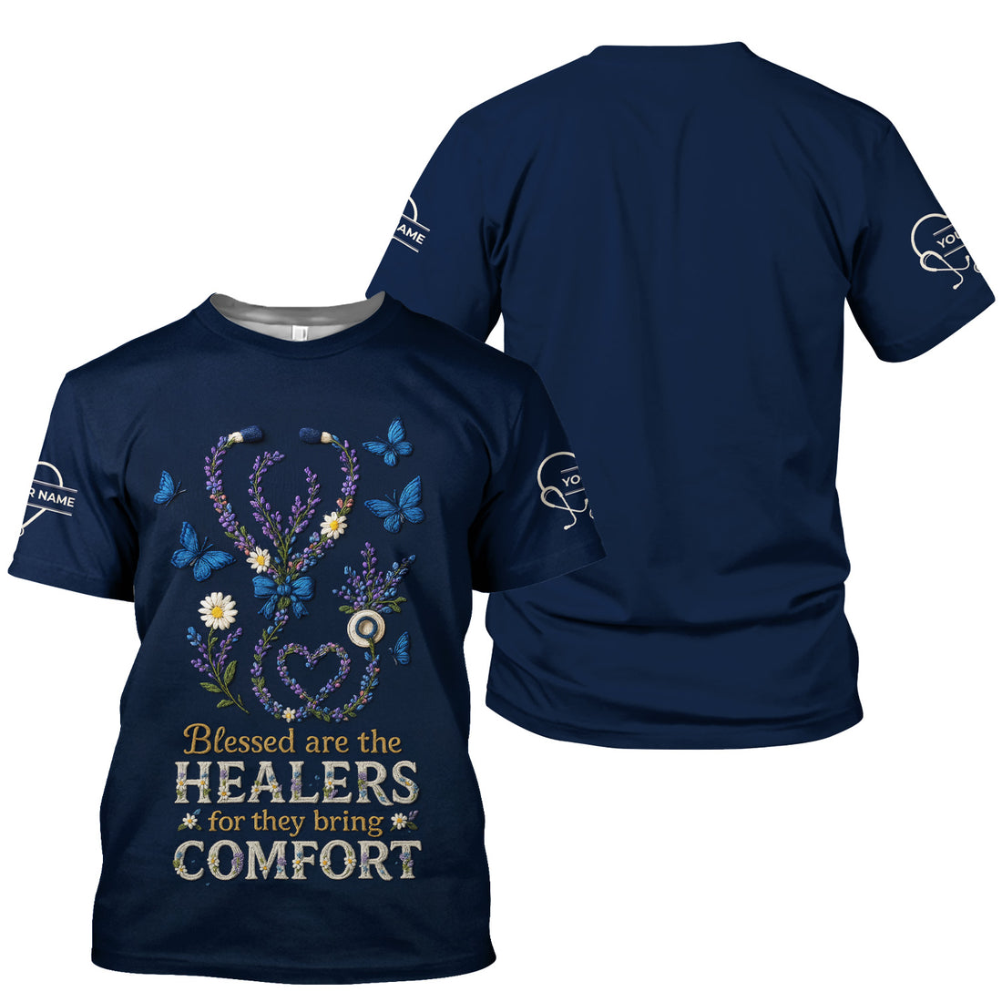Blessed Are the Healers Nurse T-Shirt - Floral Stethoscope Shirt for Nurses - Inspirational Comfort Workwear Gift Tee
