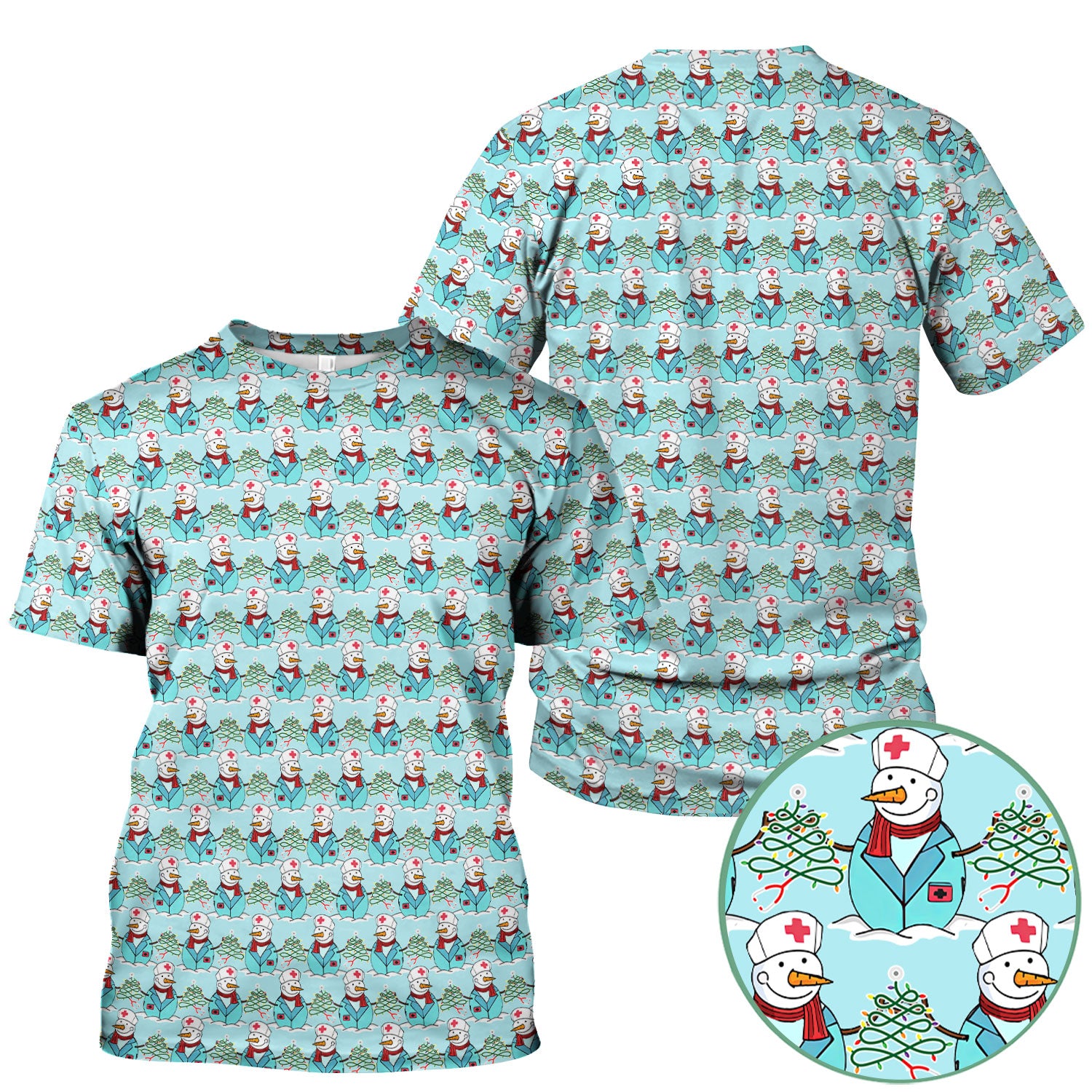 Christmas Nurse Scrubs for Women - Cute Snowman Medical Print Top - Multi Color Custom Nursing Shirt Holiday Gift for Healthcare Workers
