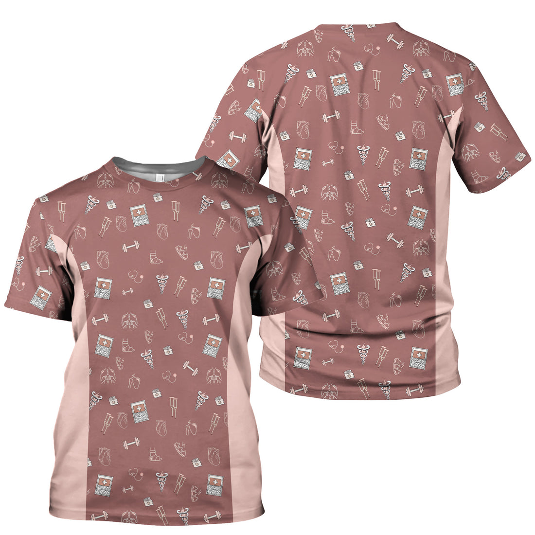Funny Nurse Fitness Shirt - All-Over Print Medical & Gym Icons Graphic Tee - Gift for RN LPN CNA