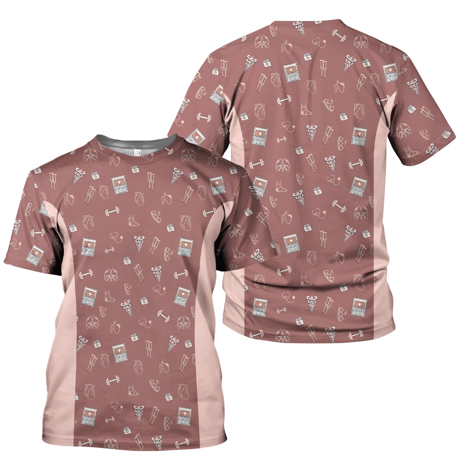 Funny Nurse Fitness Shirt - All-Over Print Medical & Gym Icons Graphic Tee - Gift for RN LPN CNA