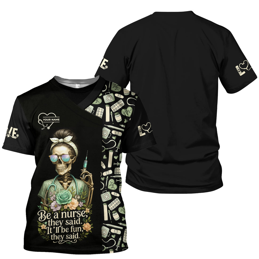 Personalized Skeleton Nurse Shirt - Messy Bun Hair & Leopard Print Graphic Tee - Gift for Women CNA & Healthcare Workers
