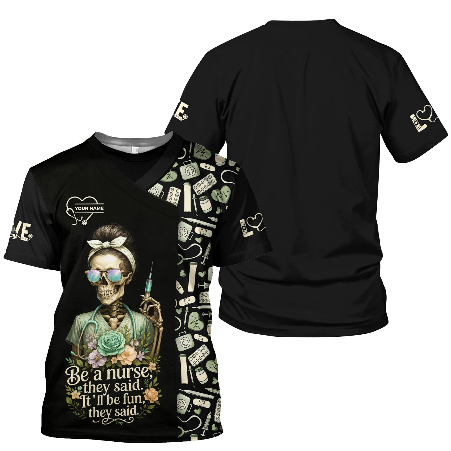 Personalized Skeleton Nurse Shirt - Messy Bun Hair & Leopard Print Graphic Tee - Gift for Women CNA & Healthcare Workers