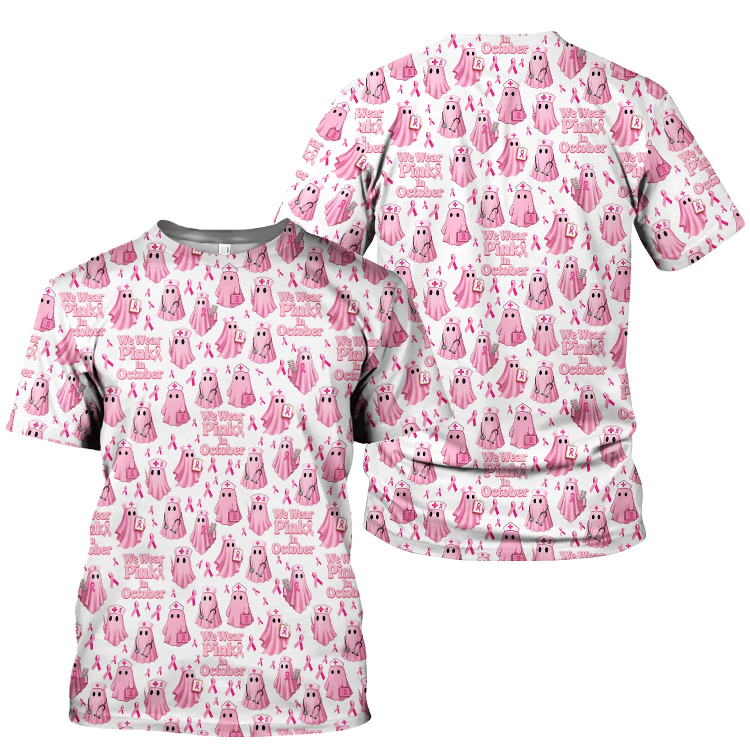 Funny Breast Cancer Awareness Scrub Top - We Wear Pink In October & Ghost Nurse Design - Gift for RN LPN CNA