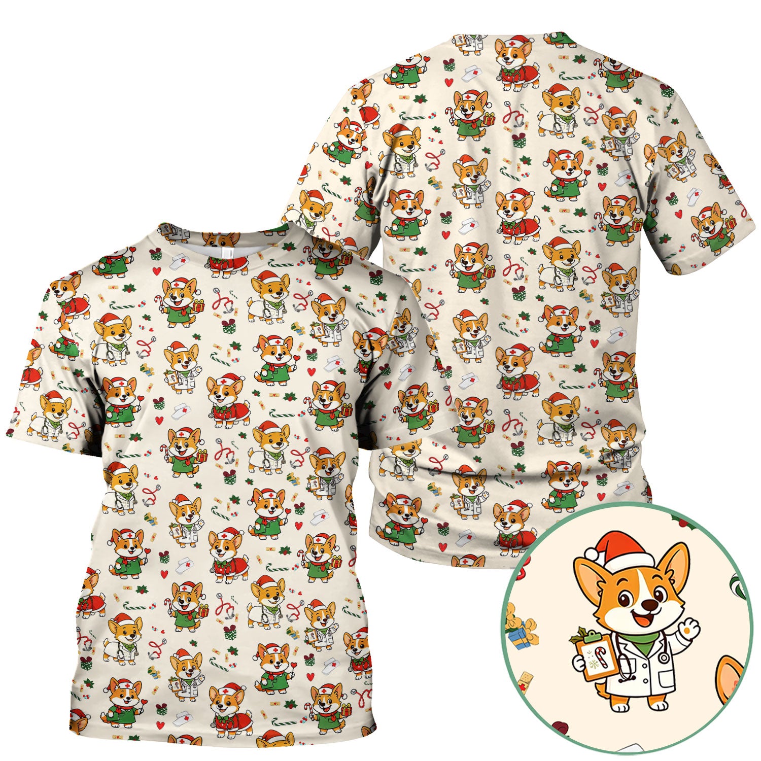 Christmas Corgi Nurse Scrub Top - Cute Dog Holiday Medical Uniform for Women - Funny RN CNA LPN Nursing Shirt Gift