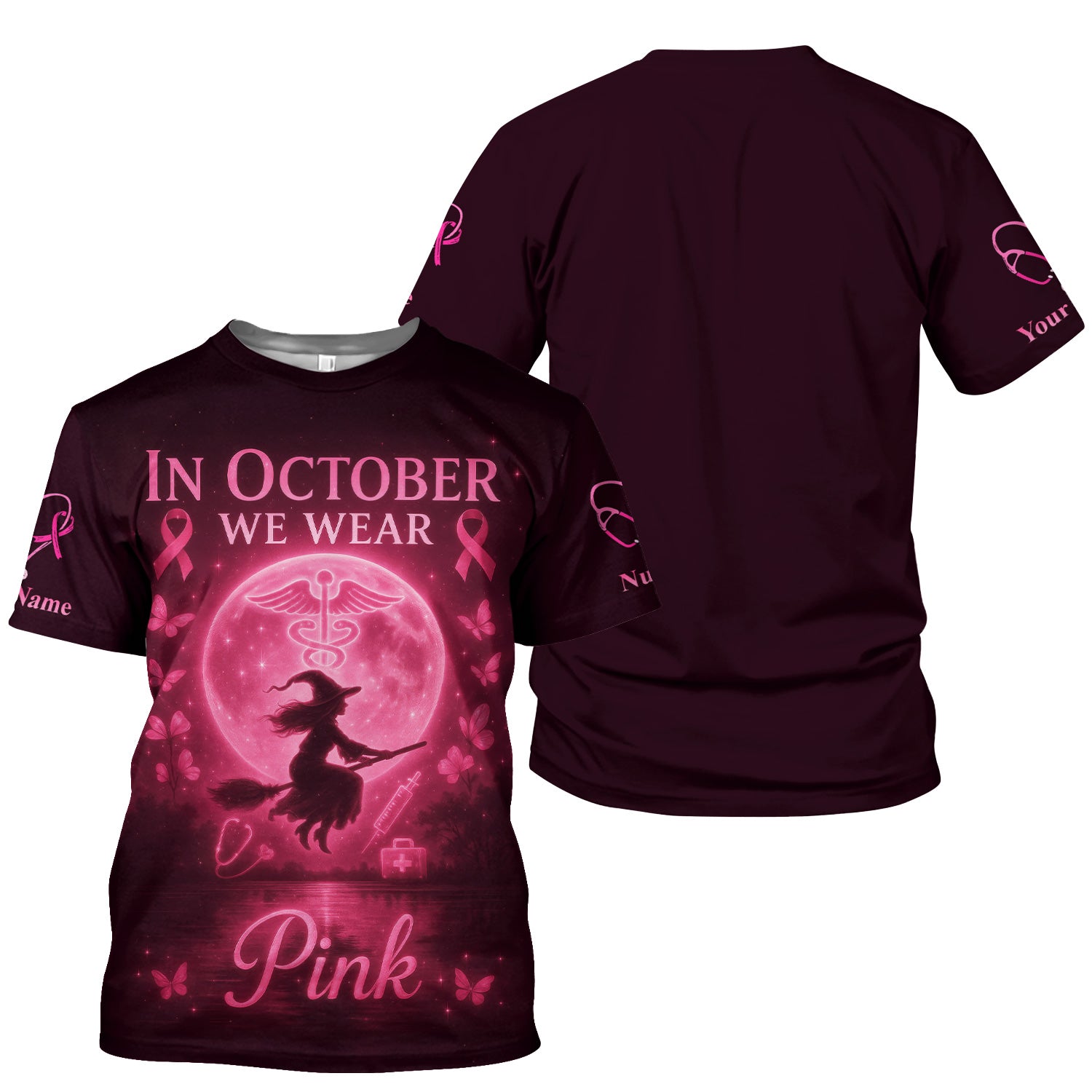 Custom Pink Ribbon Nurse Shirt for Women - Breast Cancer Awareness Halloween Tee - Gift for RN LPN CNA