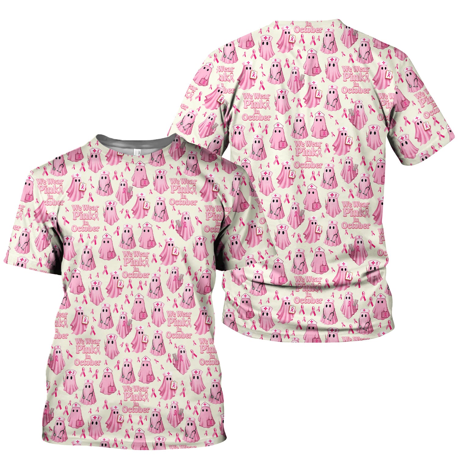 Halloween Breast Cancer Awareness Scrub - We Wear Pink In October & Ghost Nurse Design - October Gift for RN LPN CNA