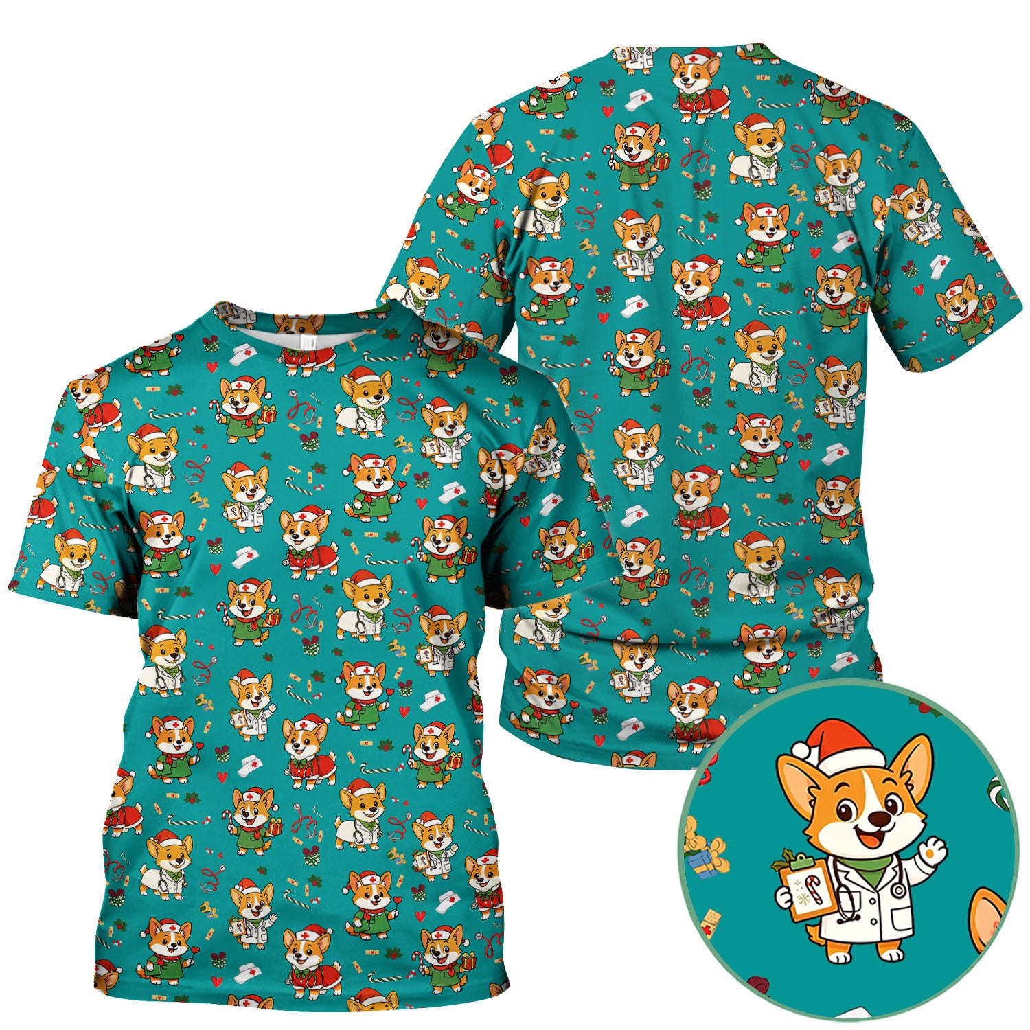 Cute Christmas Corgi Scrub Top - Cute Holiday Dog Nurse Uniform - Funny Medical Top Gift for RN CNA LPN Nursing Students