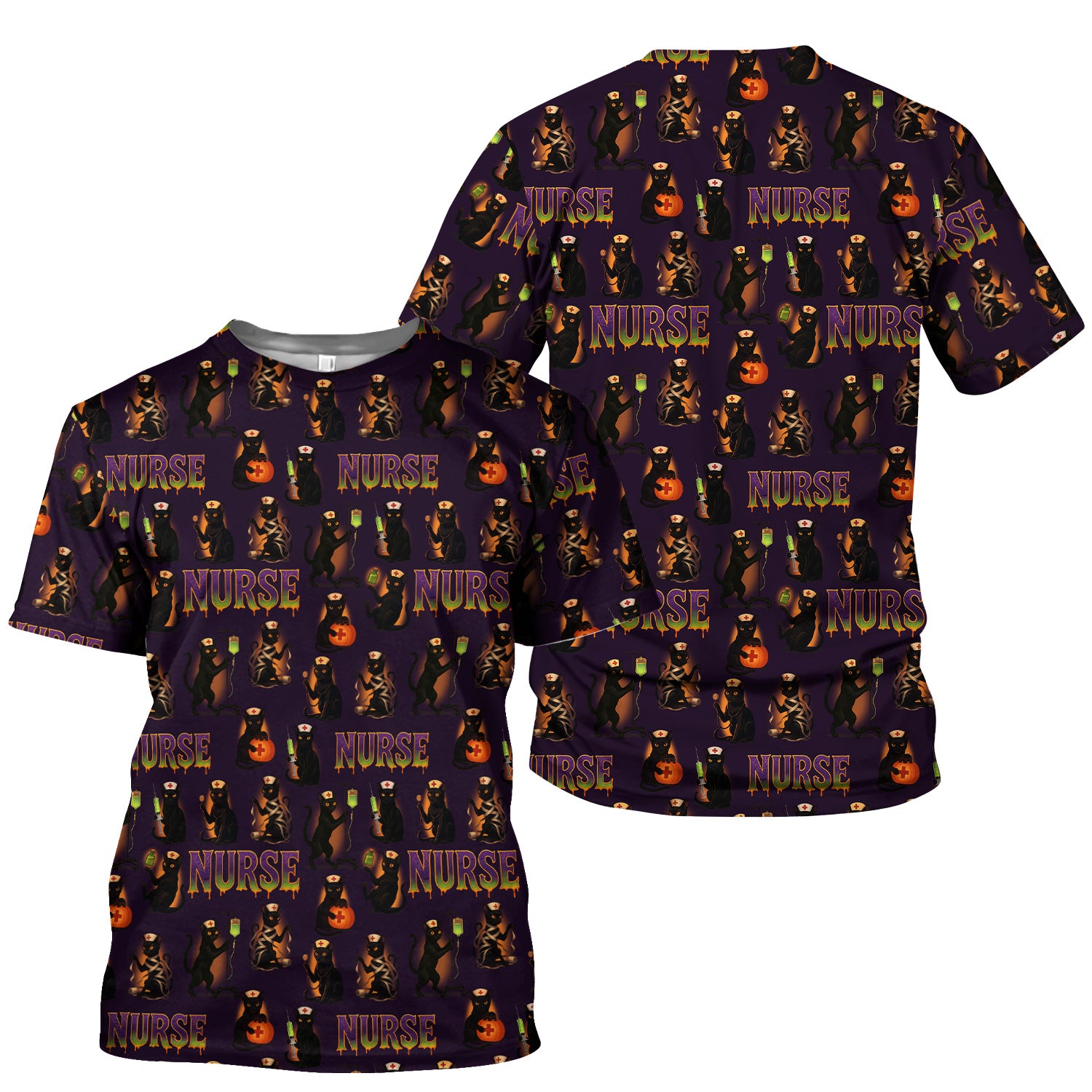 Halloween Nurse Scrub Top for Women - Cute Black Cat and Pumpkin Medical Design - Spooky Gift for RN LPN CNA