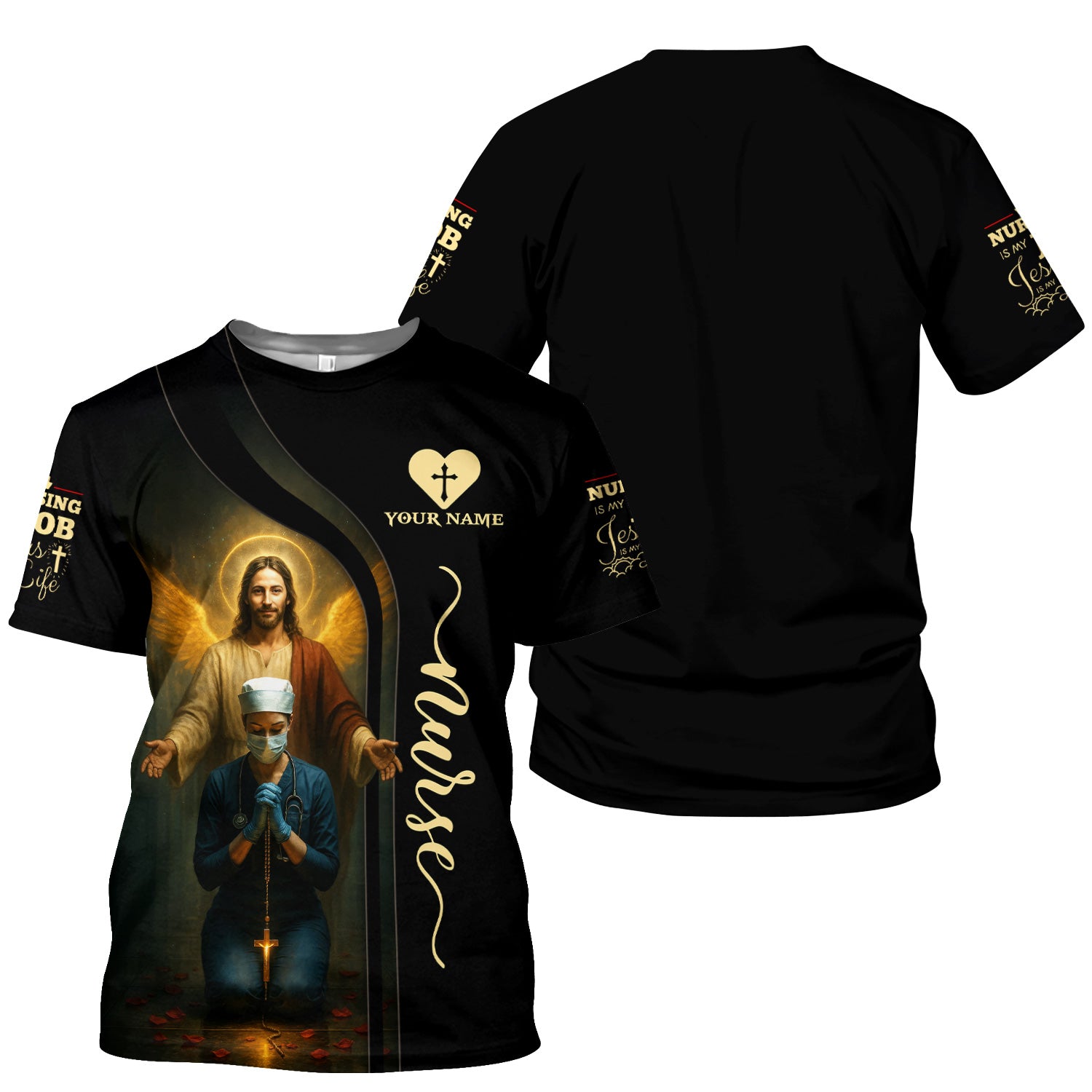 Custom Faith Nurse Scrub - Jesus Watching Over Praying Nurse Graphic Design - RN LPN CNA Healthcare Workers Gift