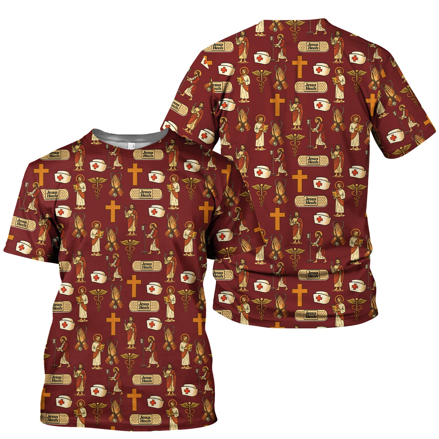 Christian Nurse Faith Scrub Top - Jesus Heals Quote & Religious Medical Pattern - Multiple Color Options Gift for RN LPN CNA