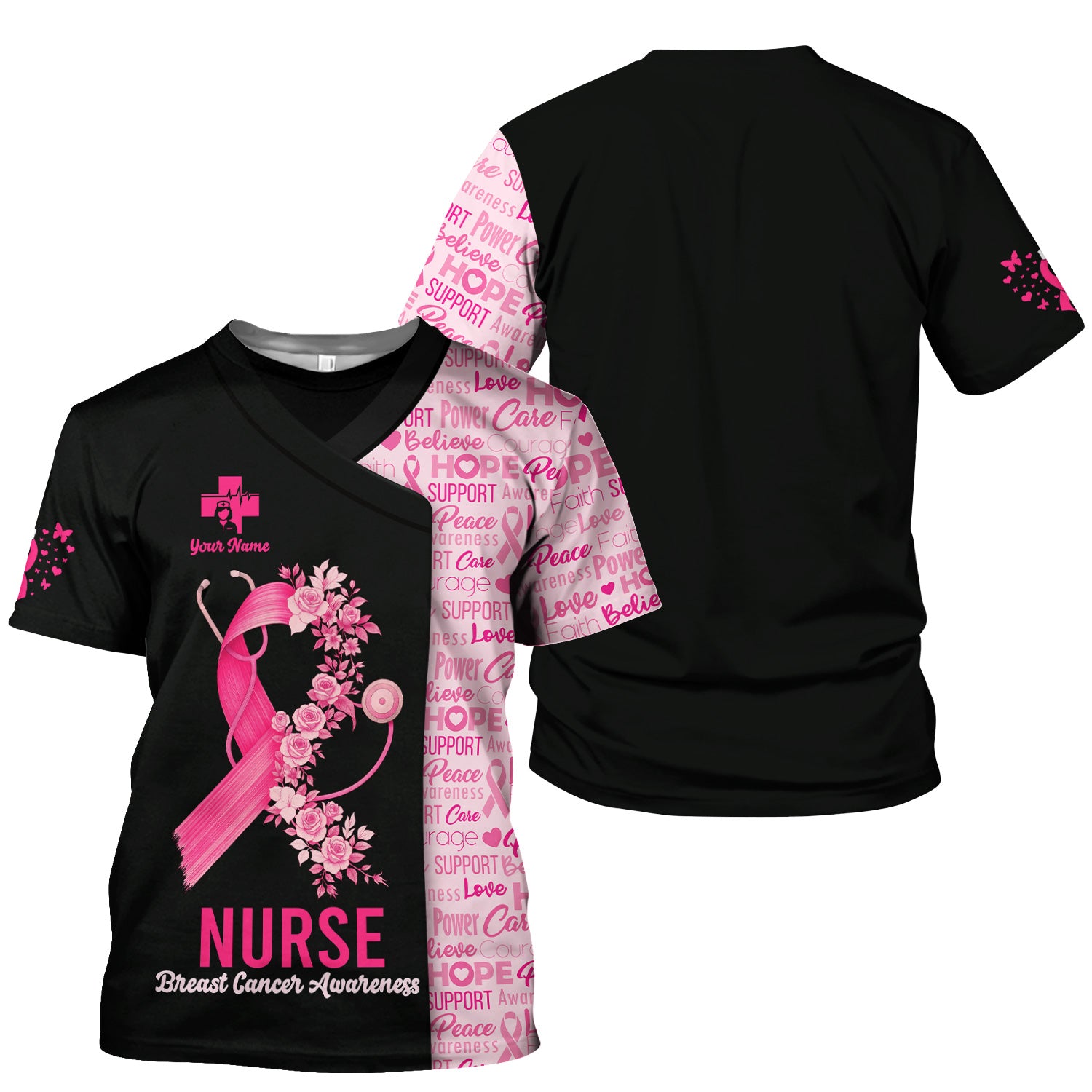 Personalized Breast Cancer Awareness Nurse Scrub Top - Pink Ribbon Medical Uniform Shirt For Women - Gift for CNA RN LPN