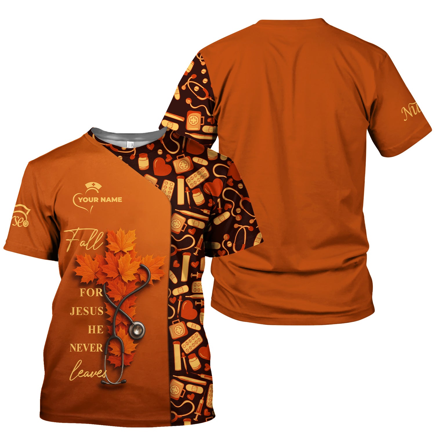 Custom Christian Nurse Scrub Top - Fall For Jesus He Never Leaves - Gift for RN LPN CNA Healthcare Workers