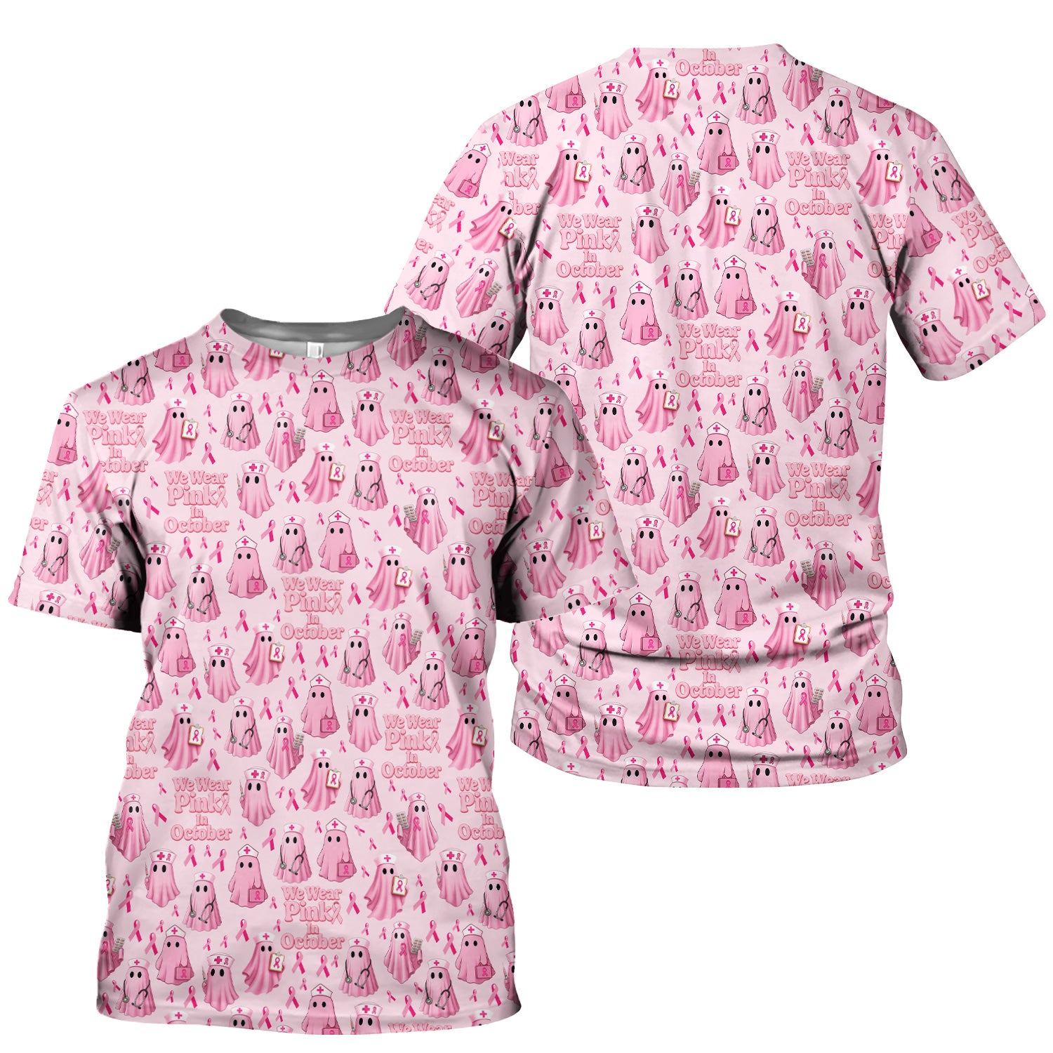 Funny Breast Cancer Awareness Scrub Top - We Wear Pink In October & Ghost Nurse Design - Gift for RN LPN CNA