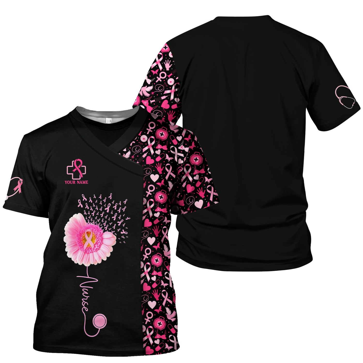 Custom Nurse Breast Cancer Awareness Shirt - Pink Gerbera Daisy & Ribbon Graphic Tee - Gift for Women RN LPN