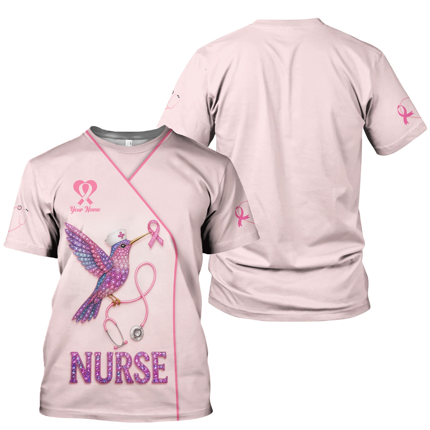 Custom Hummingbird Nurse Shirt - Breast Cancer Awareness Ribbon Graphic Tee - Gift for RN LPN CNA