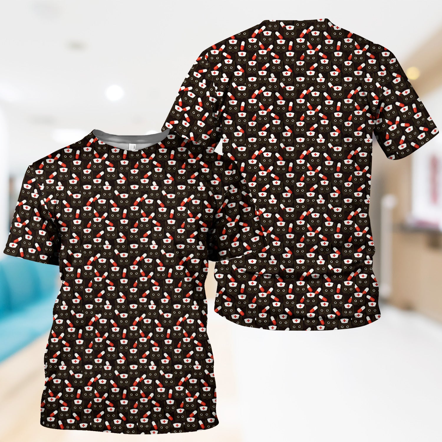 Medical Scrub Top for Women - Funny Nurse Cat Print with Pills Design - Gift for RN LPN CNA Women Healthcare Staff