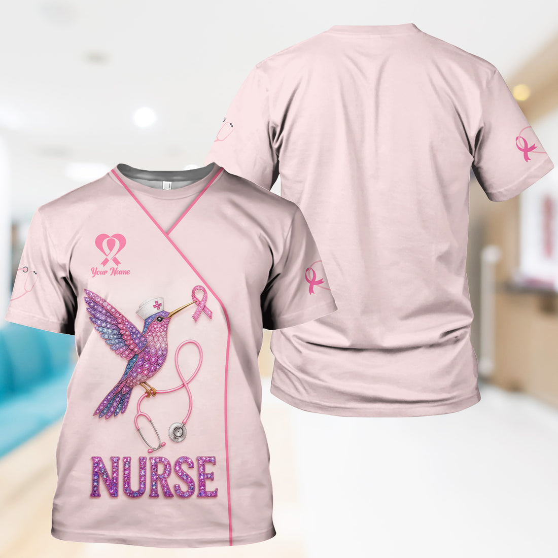 Custom Hummingbird Nurse Shirt - Breast Cancer Awareness Ribbon Graphic Tee - Gift for RN LPN CNA