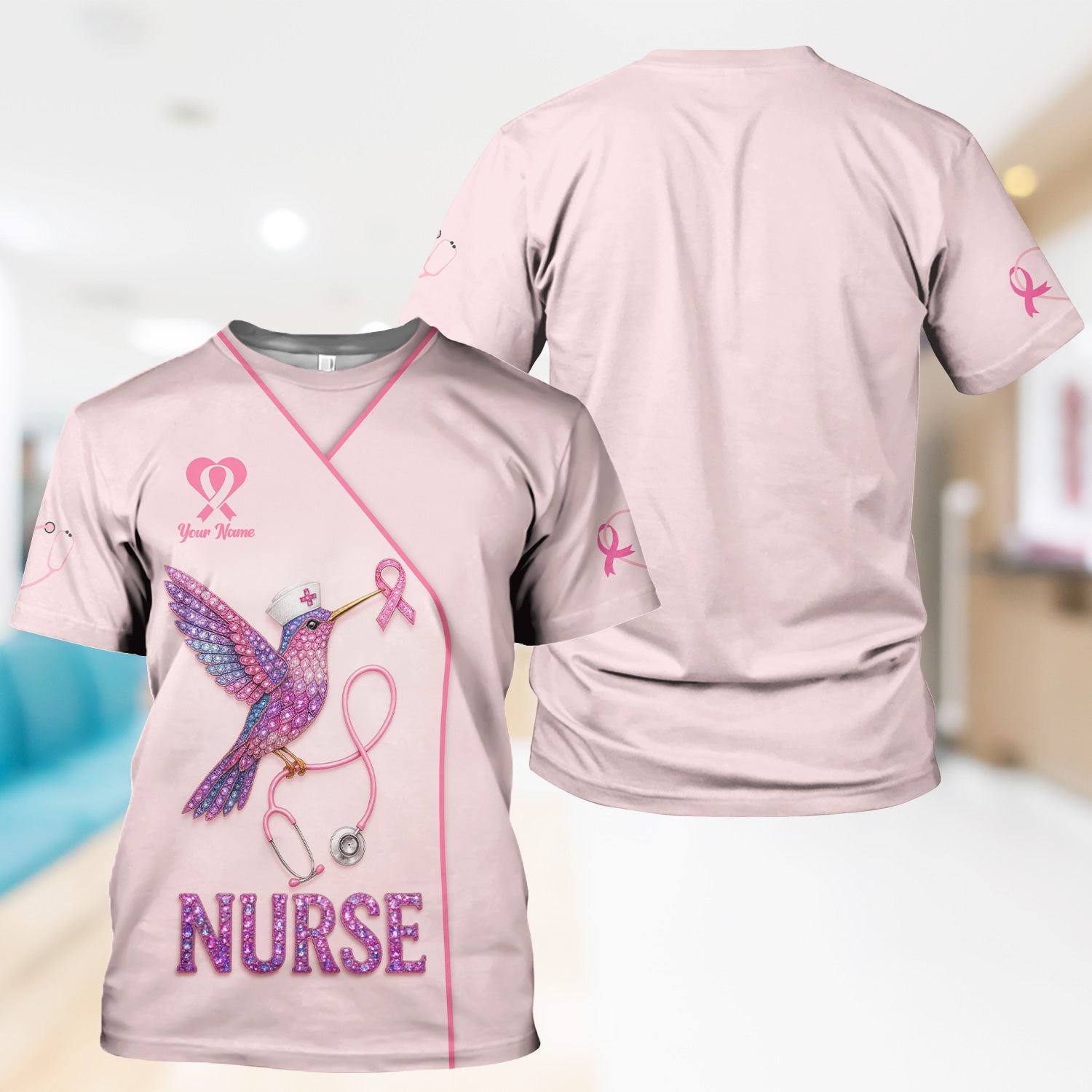 Custom Hummingbird Nurse Shirt - Breast Cancer Awareness Ribbon Graphic Tee - Gift for RN LPN CNA
