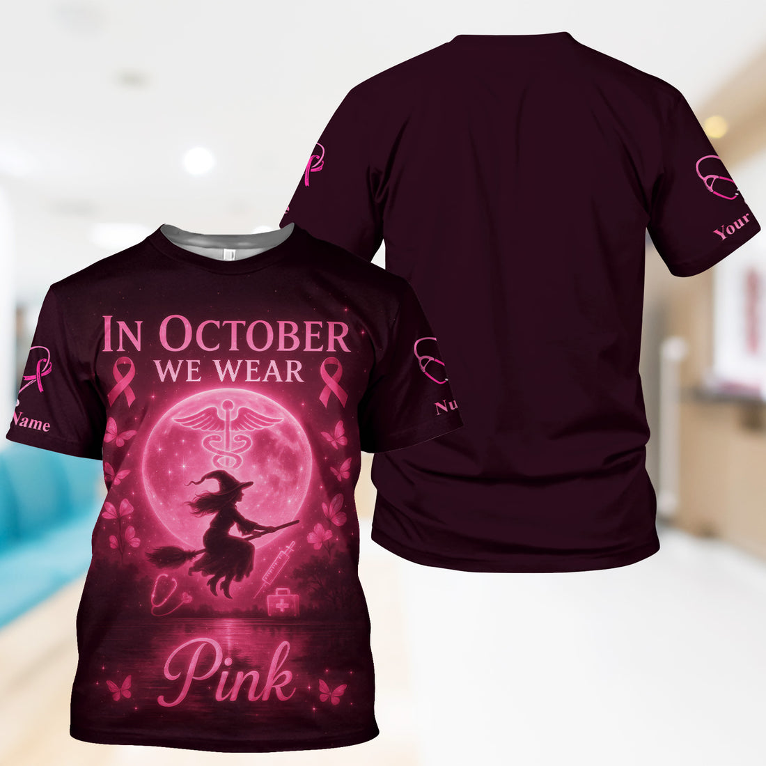 Custom Pink Ribbon Nurse Shirt for Women - Breast Cancer Awareness Halloween Tee - Gift for RN LPN CNA