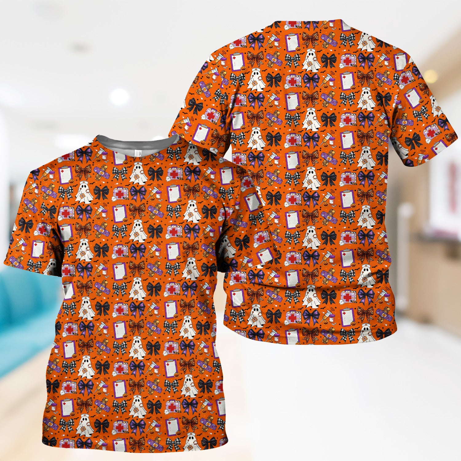 Cute Halloween Shirt for Nurses - Spooky Ghost Pumpkin & Medical Icons Graphic Tee - Gift for RN LPN CNA