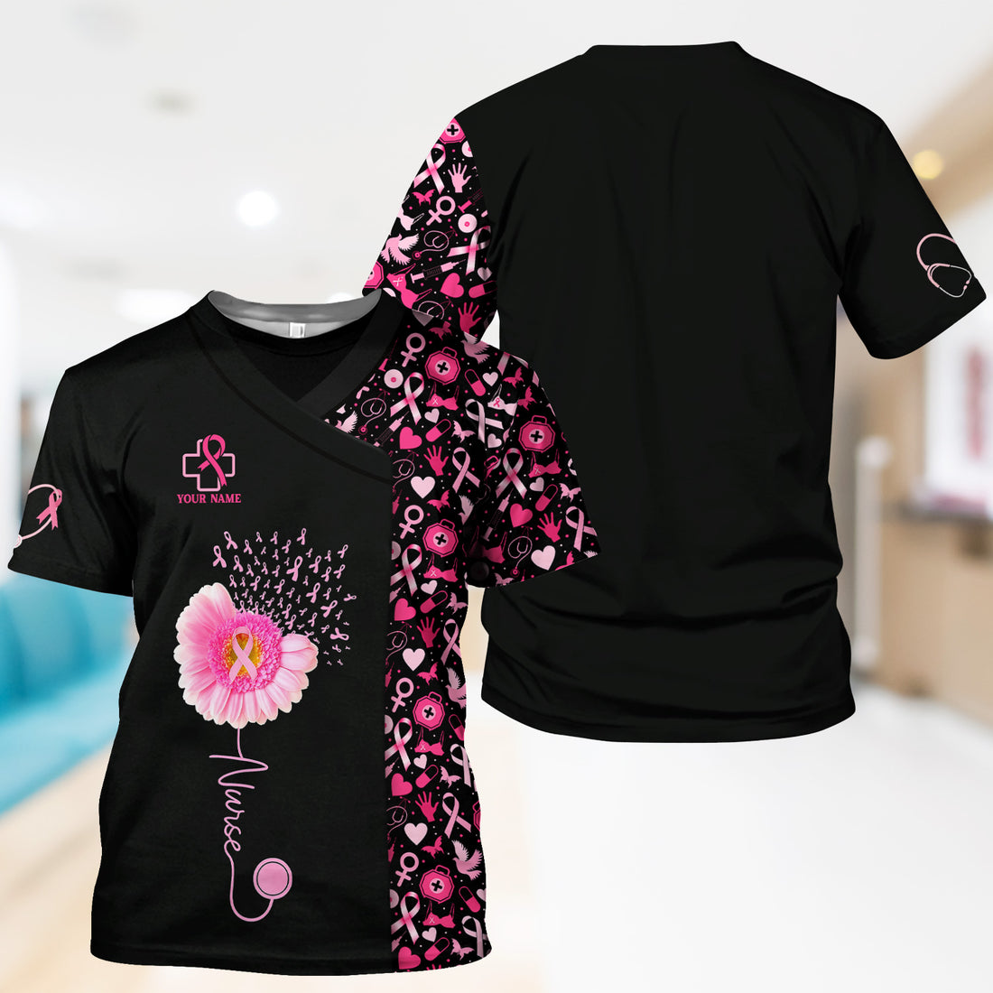 Custom Nurse Breast Cancer Awareness Shirt - Pink Gerbera Daisy & Ribbon Graphic Tee - Gift for Women RN LPN