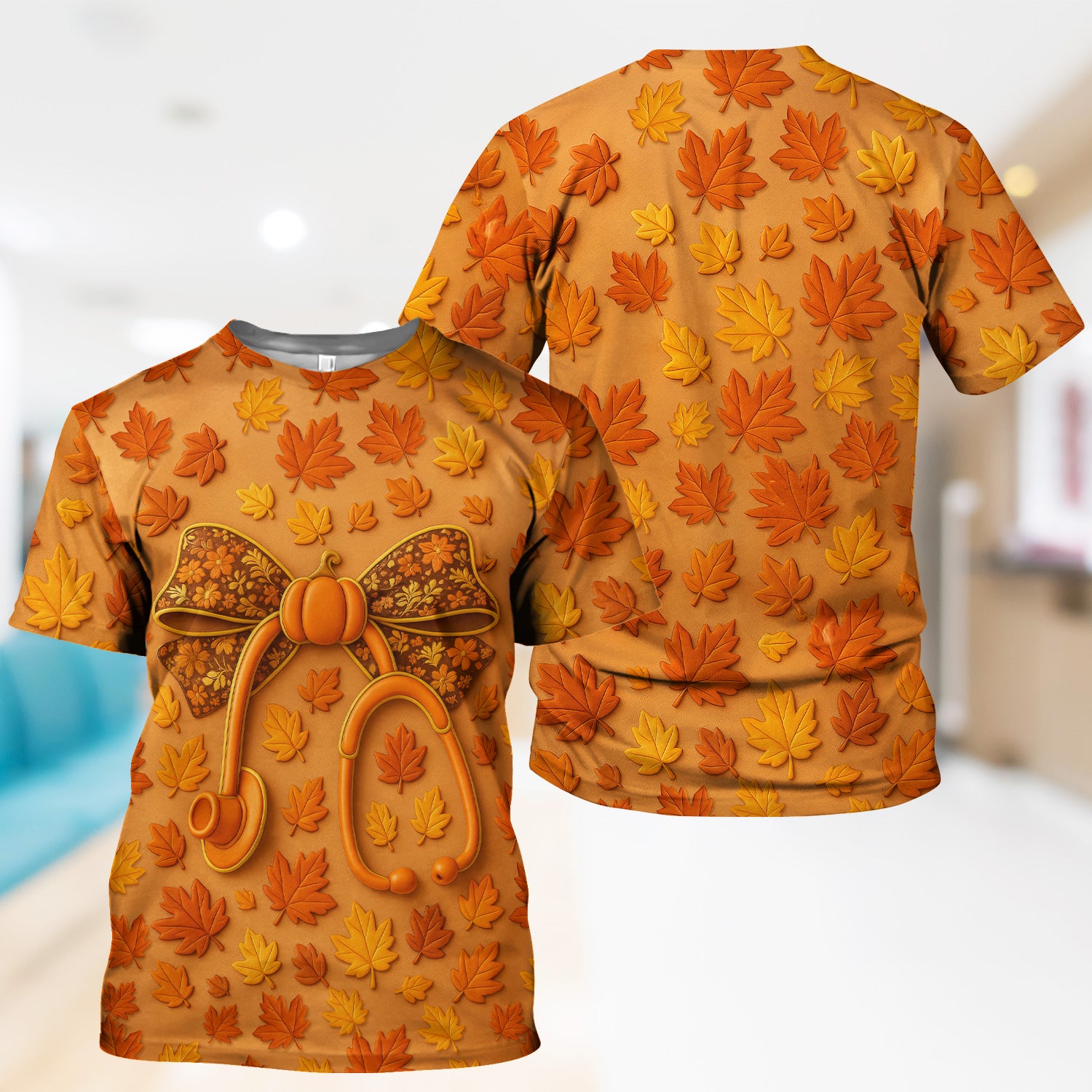 Autumn Pumpkin Nurse Shirt - Fall Leaves Stethoscope Medical Tee - CNA RN LPN Healthcare Worker Gift