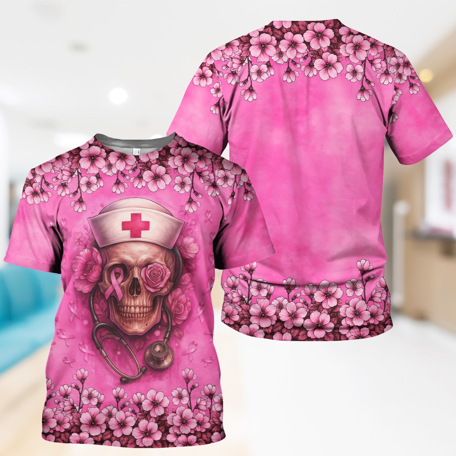 Nurse Sugar Skull Scrub Top - Floral Breast Cancer Awareness Medical Uniform - Pink Ribbon Shirt for Women - Gift for RN LPN CNA