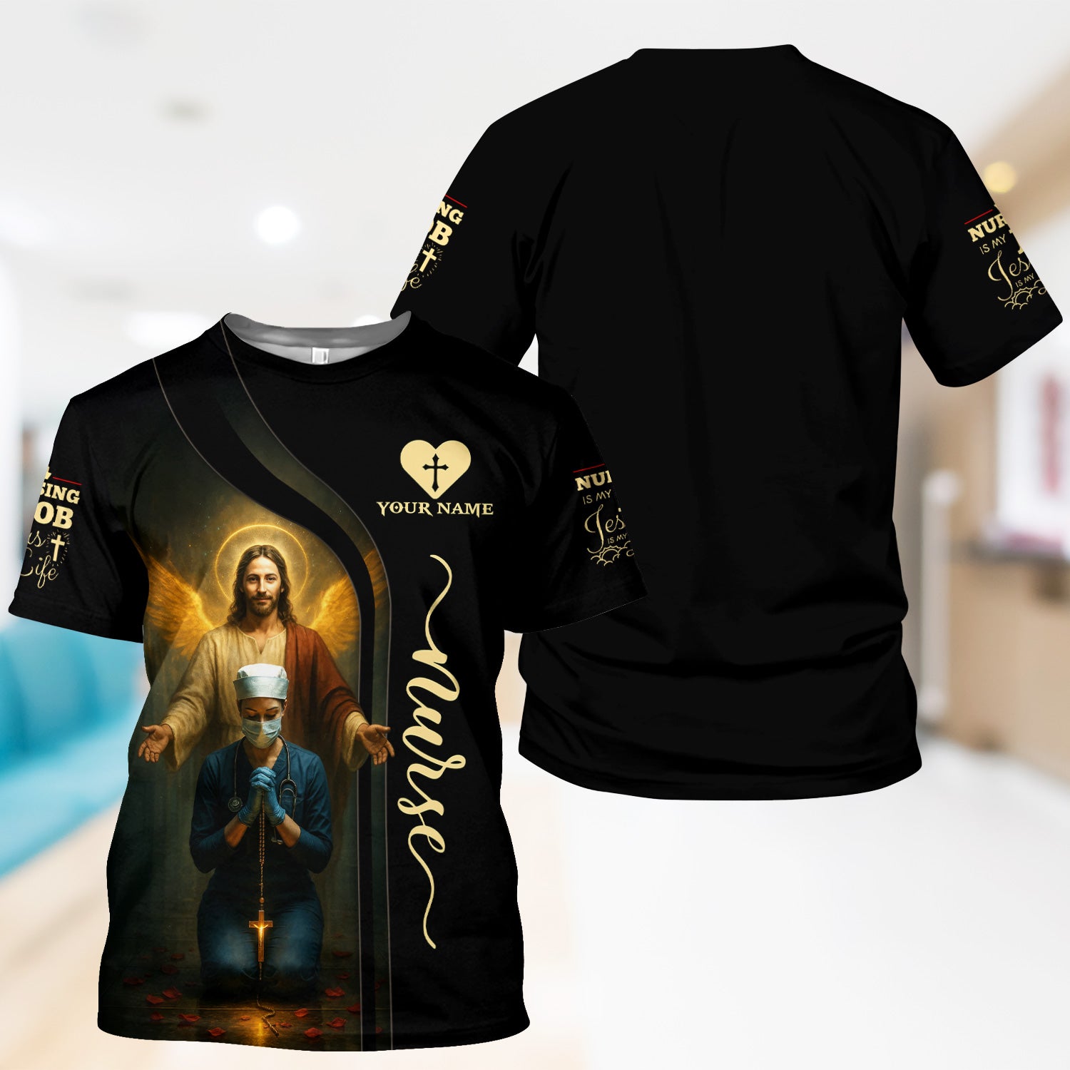 Custom Faith Nurse Scrub - Jesus Watching Over Praying Nurse Graphic Design - RN LPN CNA Healthcare Workers Gift