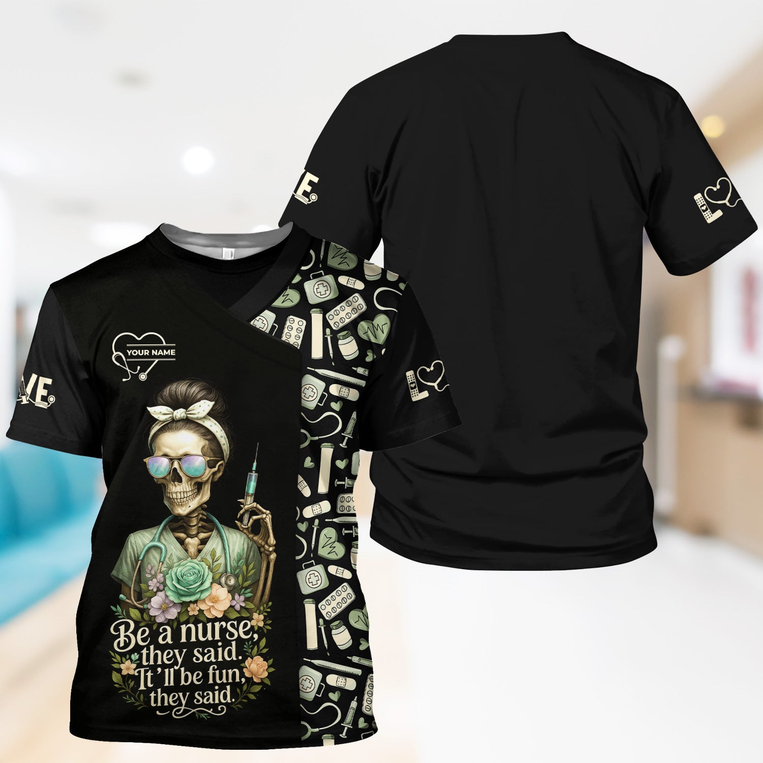 Personalized Skeleton Nurse Shirt - Messy Bun Hair & Leopard Print Graphic Tee - Gift for Women CNA & Healthcare Workers