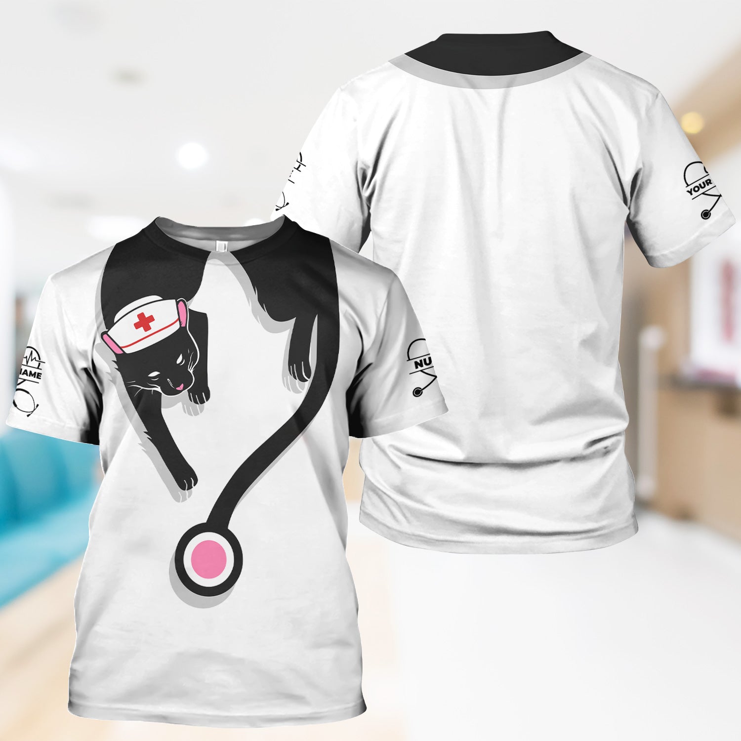 Custom Black Cat Nurse Scrub Top - Funny Cat Lover Scrubs for Women - Gift for RN LPN CNA