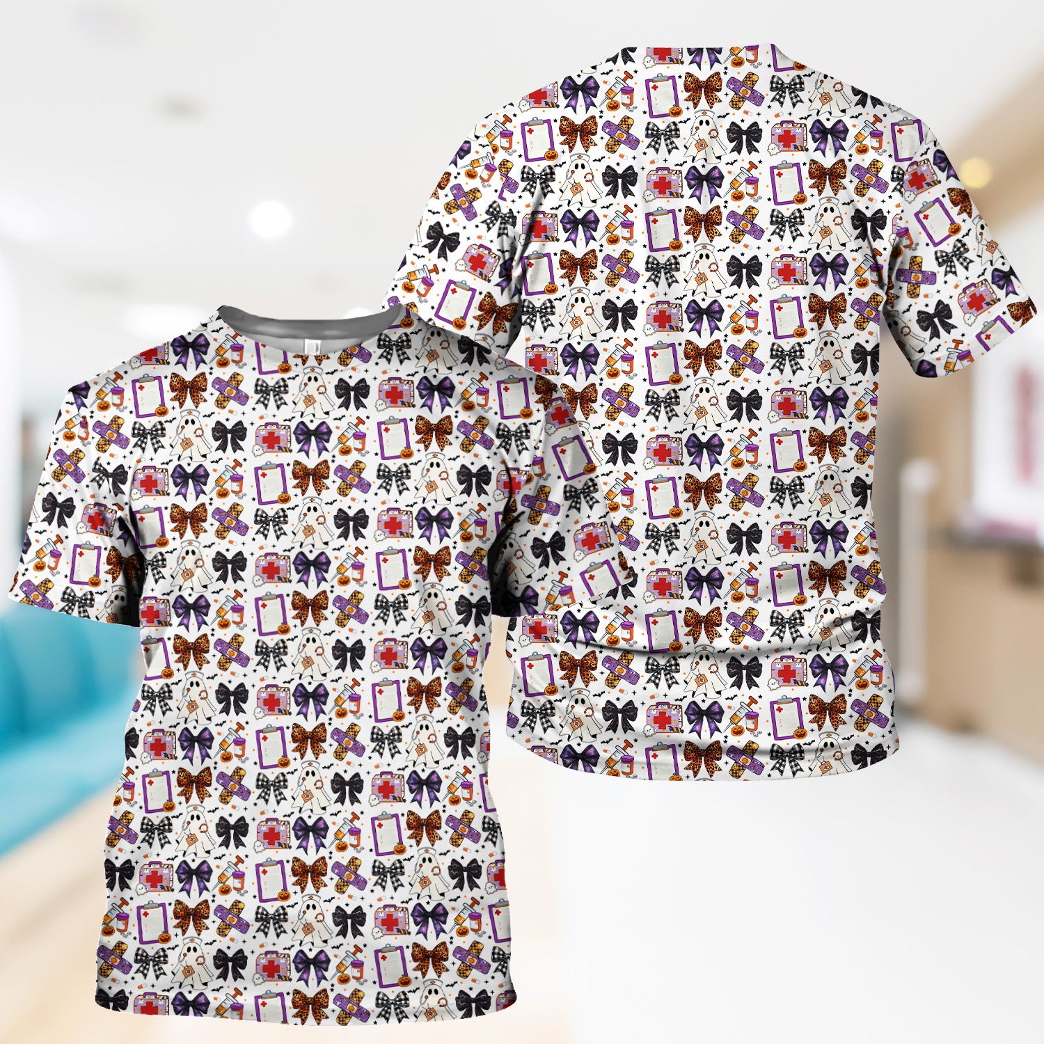 Cute Halloween Shirt for Nurses - Spooky Ghost Pumpkin & Medical Icons Graphic Tee - Gift for RN LPN CNA