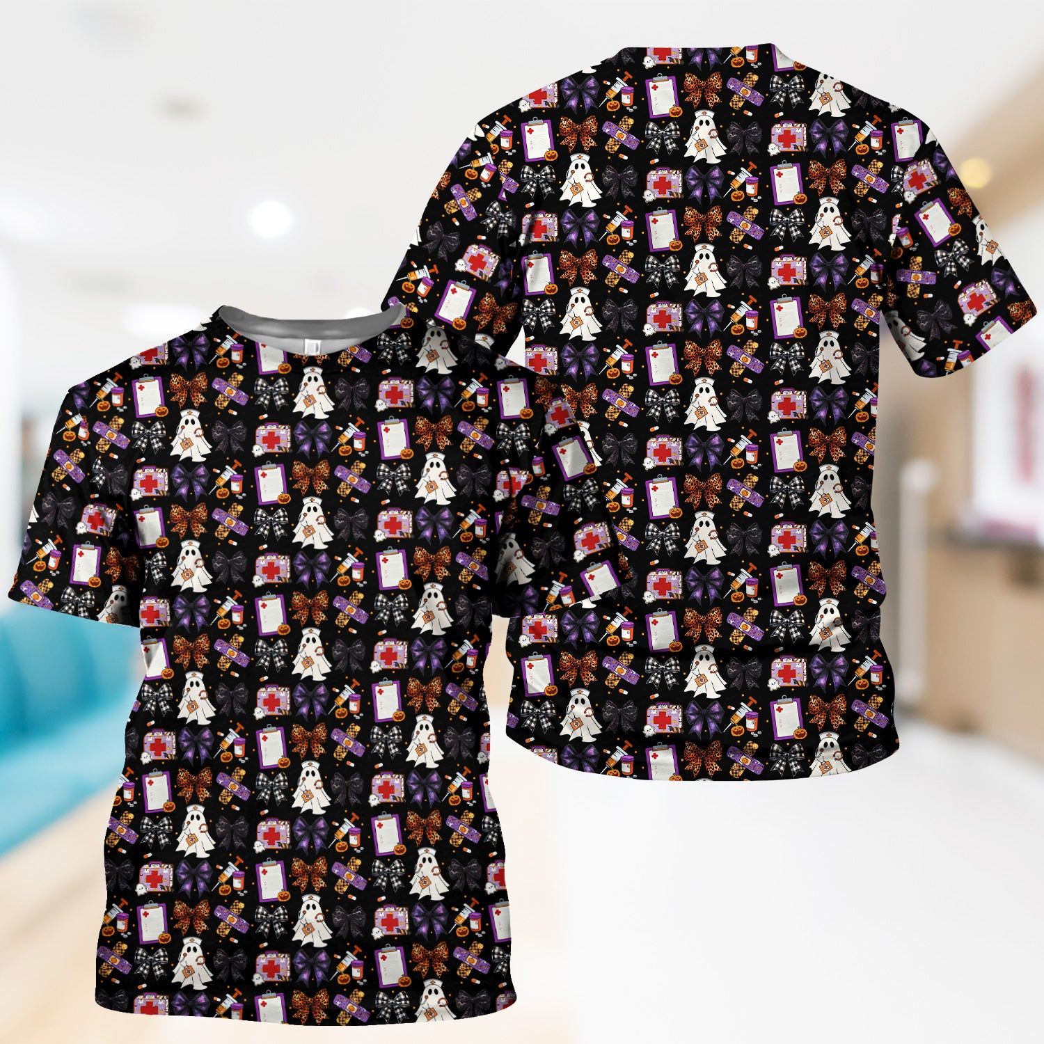Cute Halloween Shirt for Nurses - Spooky Ghost Pumpkin & Medical Icons Graphic Tee - Gift for RN LPN CNA